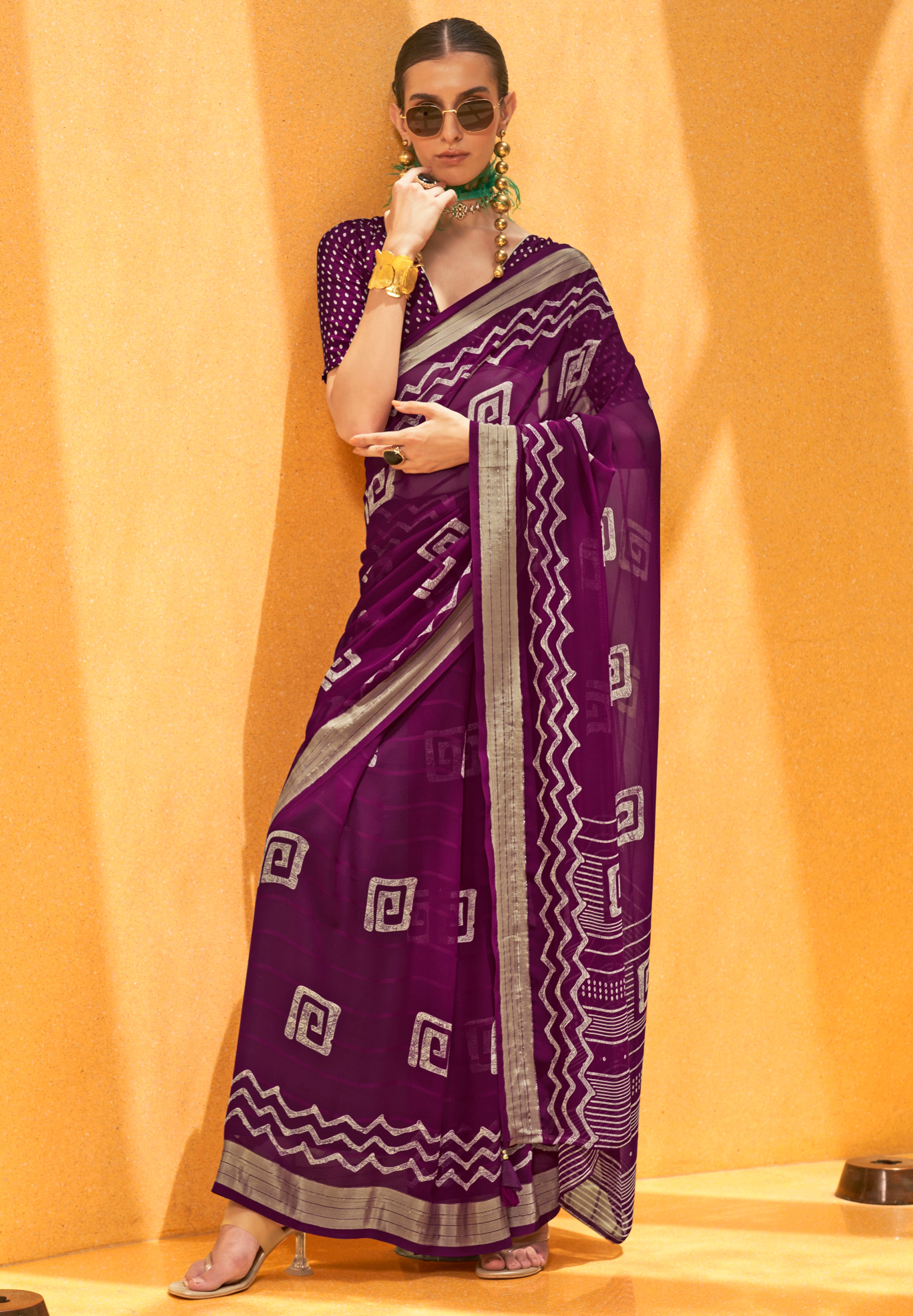 Wine Saree With Printed Work