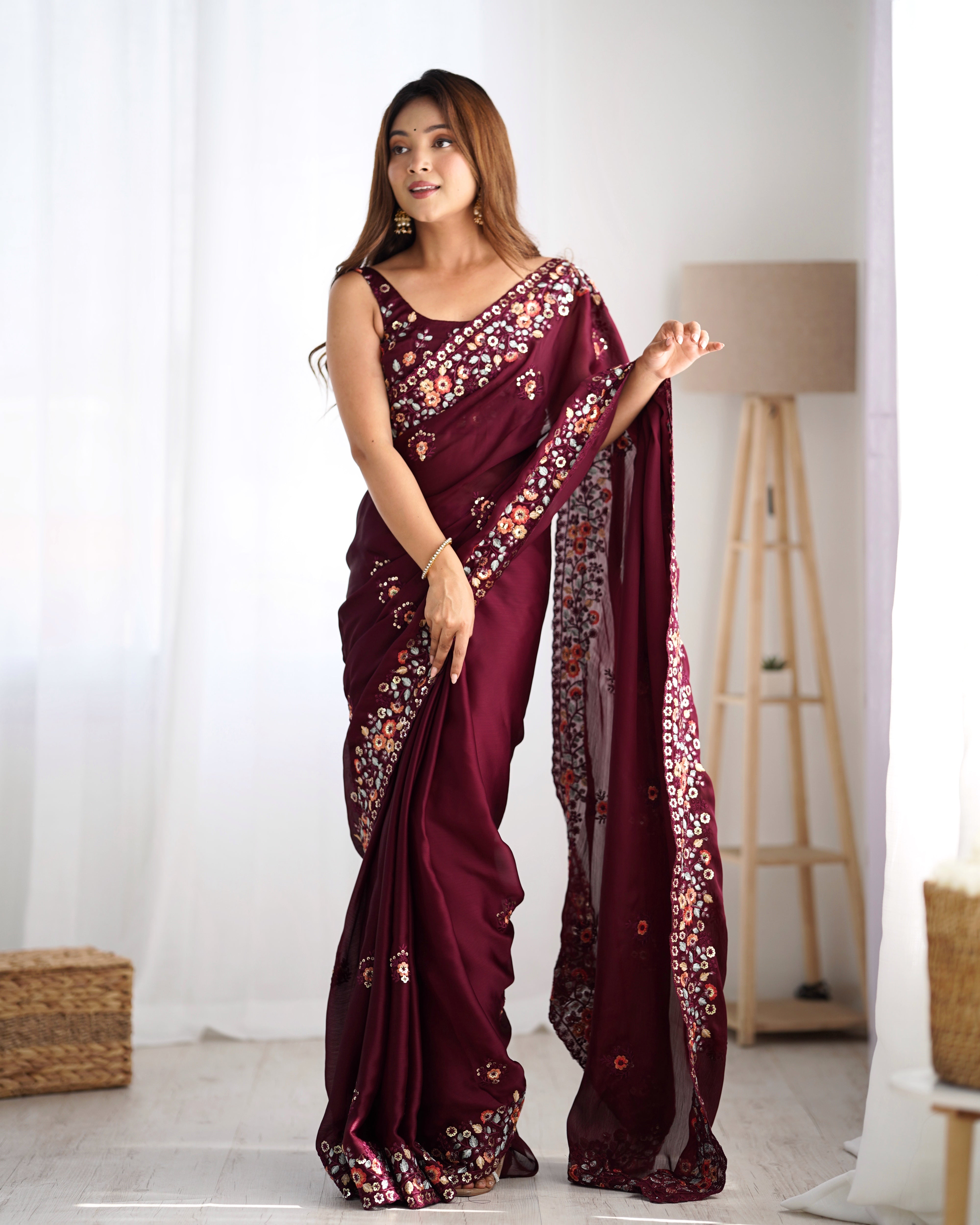 Wine Satin Chiffon Fabric Designer Thread And Sequins Work Partywear Saree