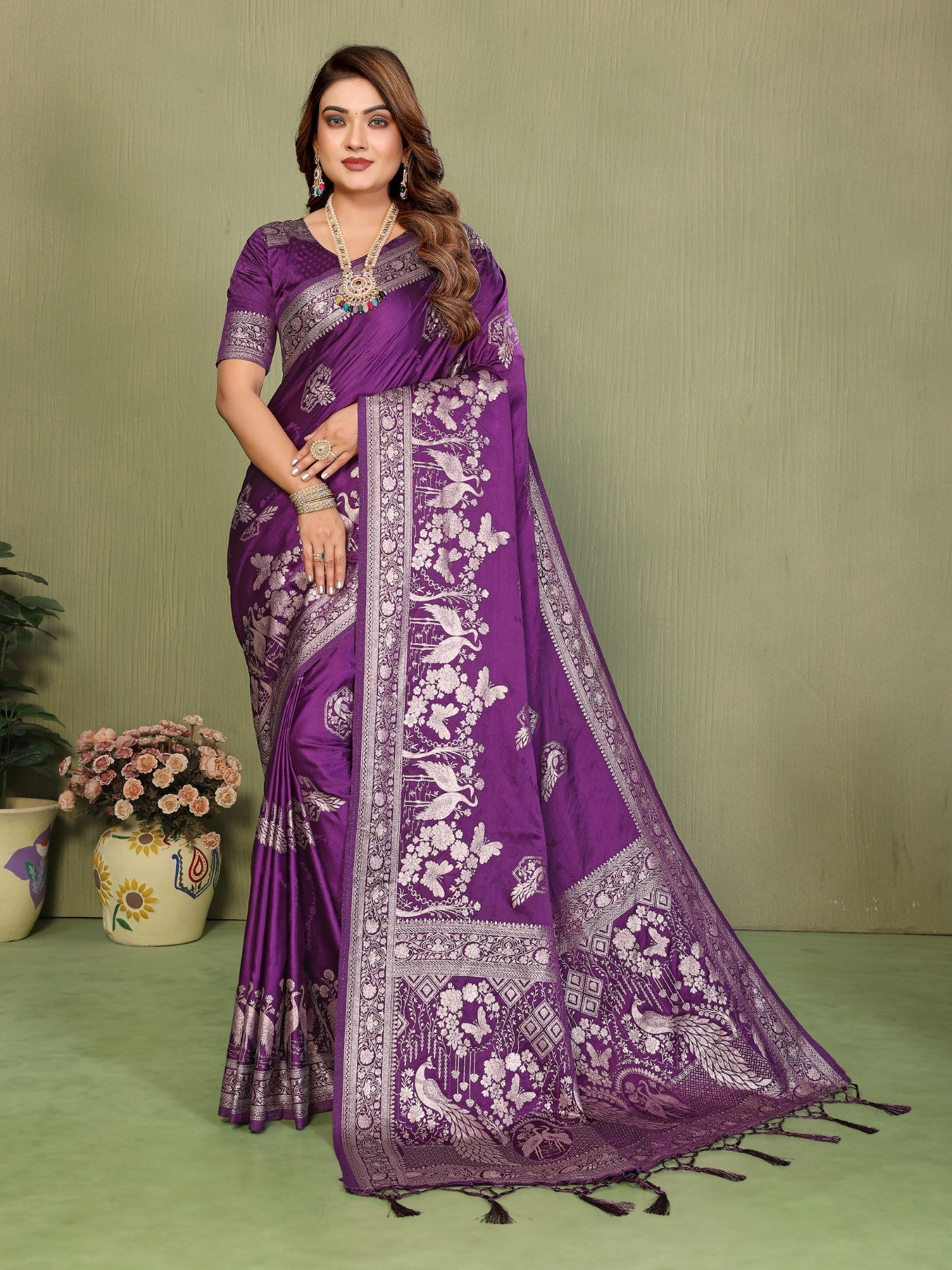 Wine Satin Silk Saree With Designer Zari Weaving Butta