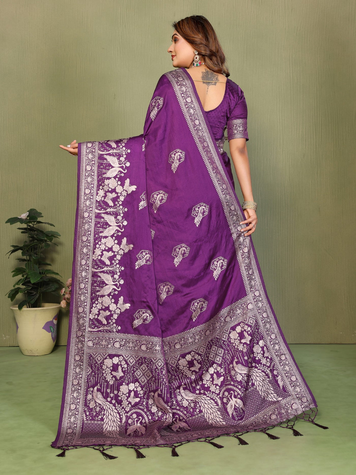 Wine Satin Silk Saree With Designer Zari Weaving Butta