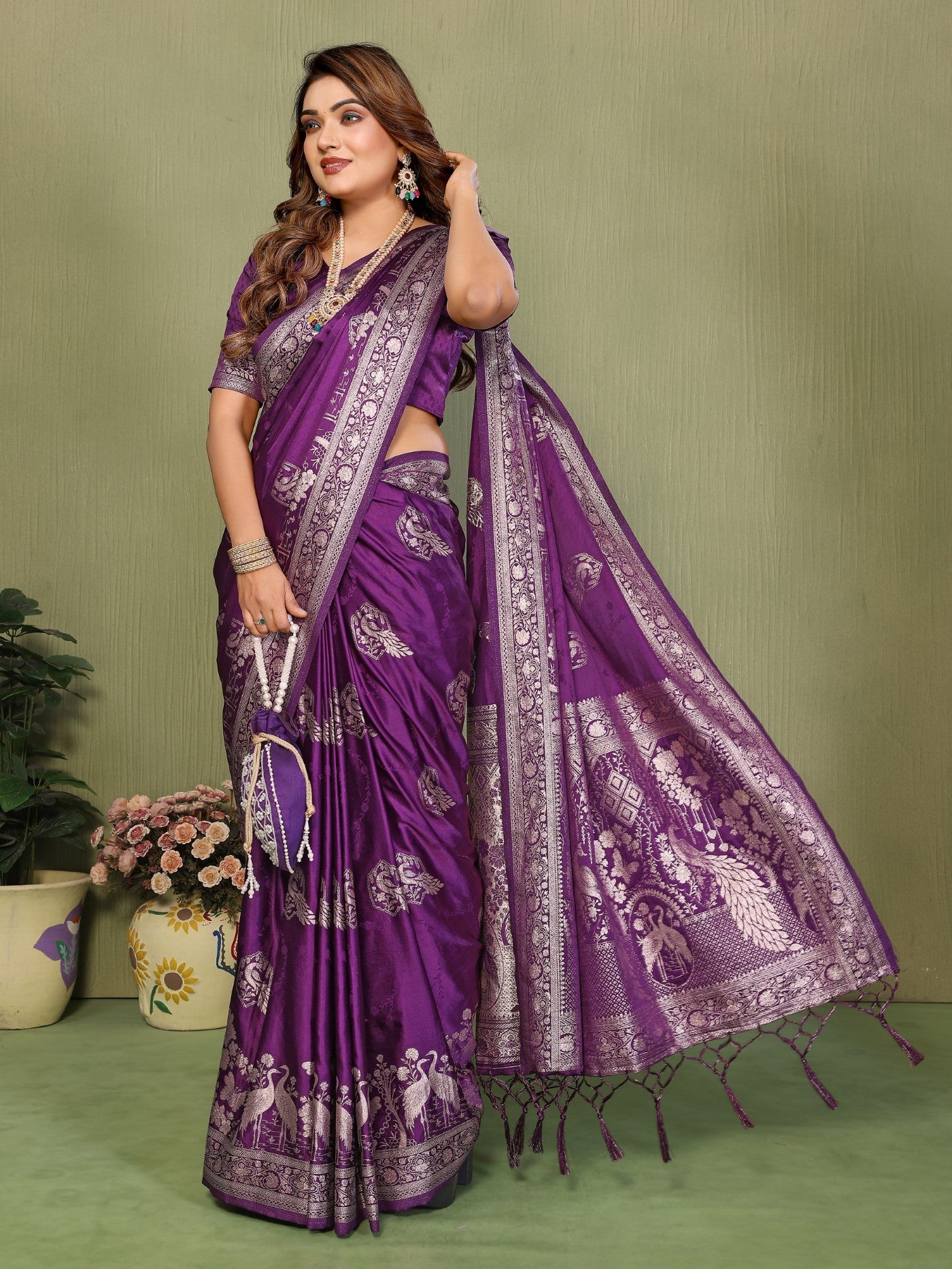Wine Satin Silk Saree With Designer Zari Weaving Butta