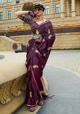Wine Satin Silk Saree With  Jacquard Woven Work