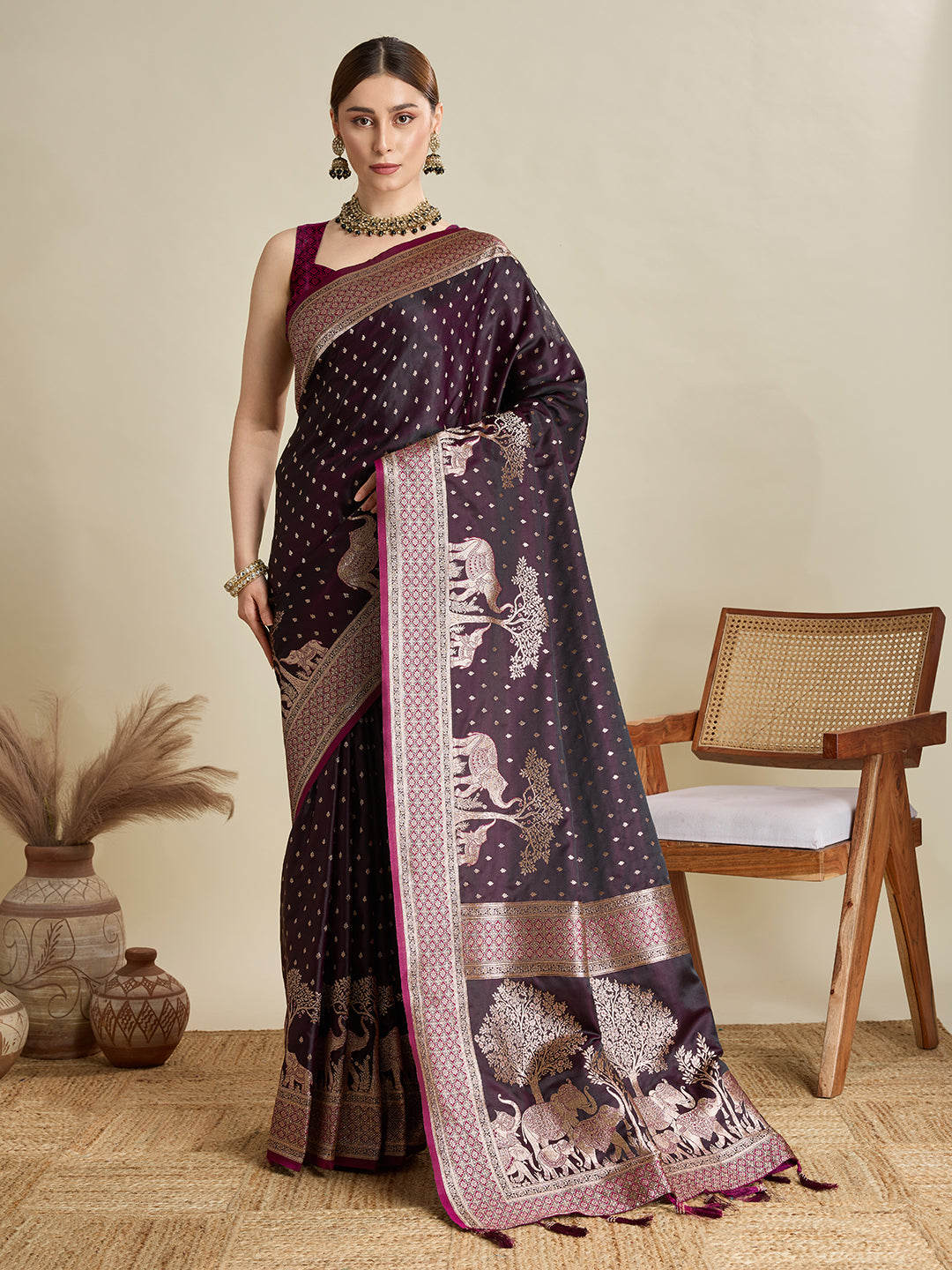 Wine Satin Silk Woven Designer Partywear Saree