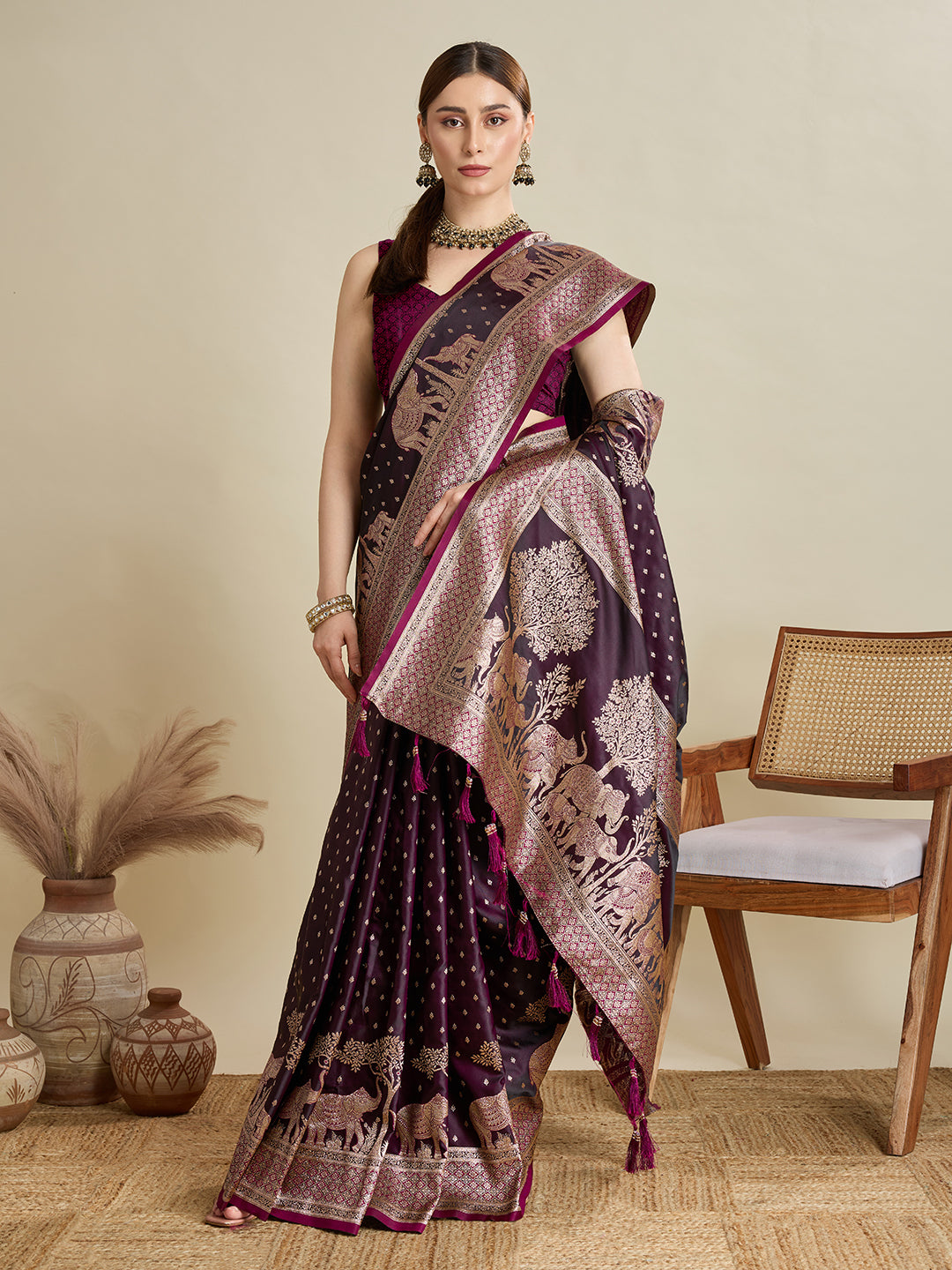 Wine Satin Silk Woven Designer Partywear Saree