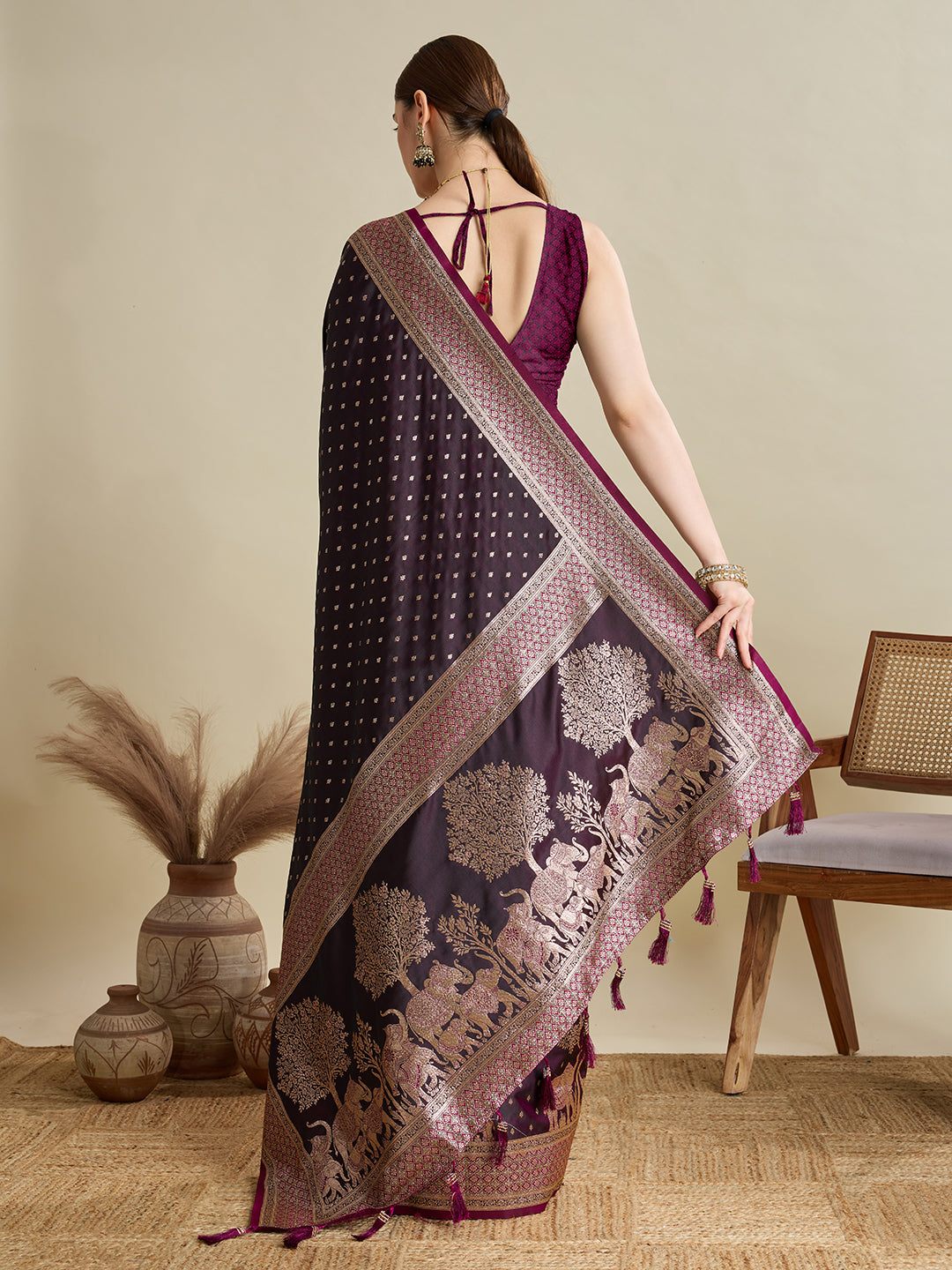 Wine Satin Silk Woven Designer Partywear Saree