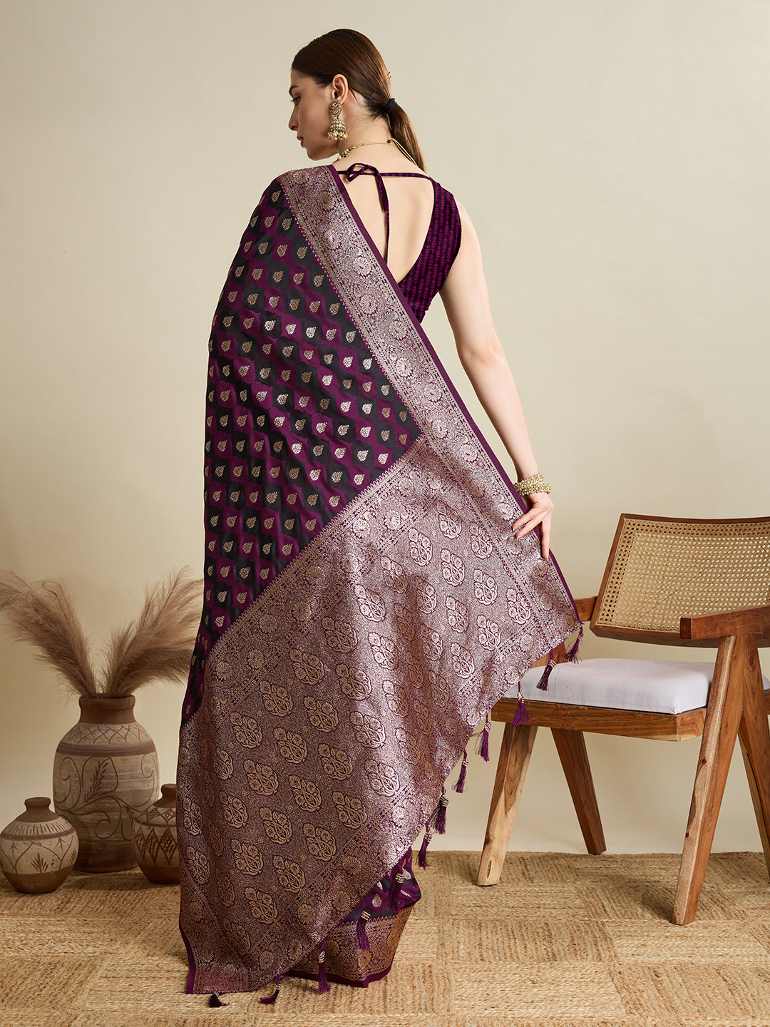Wine Satin Silk Woven Jari Designer Graceful Ethnic Saree