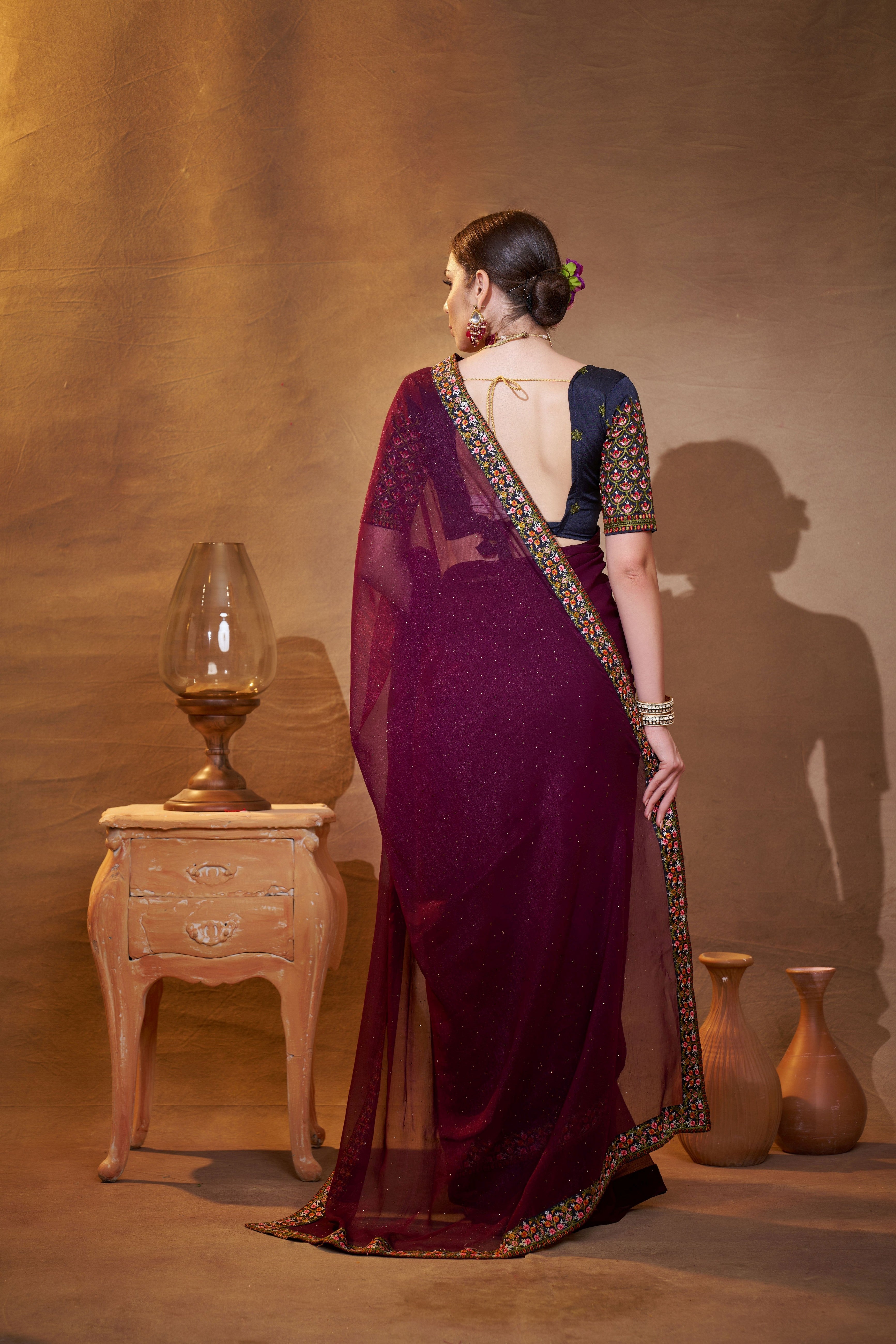 Wine Shimmer Chiffon Designer Embroidery Work Partywear Saree
