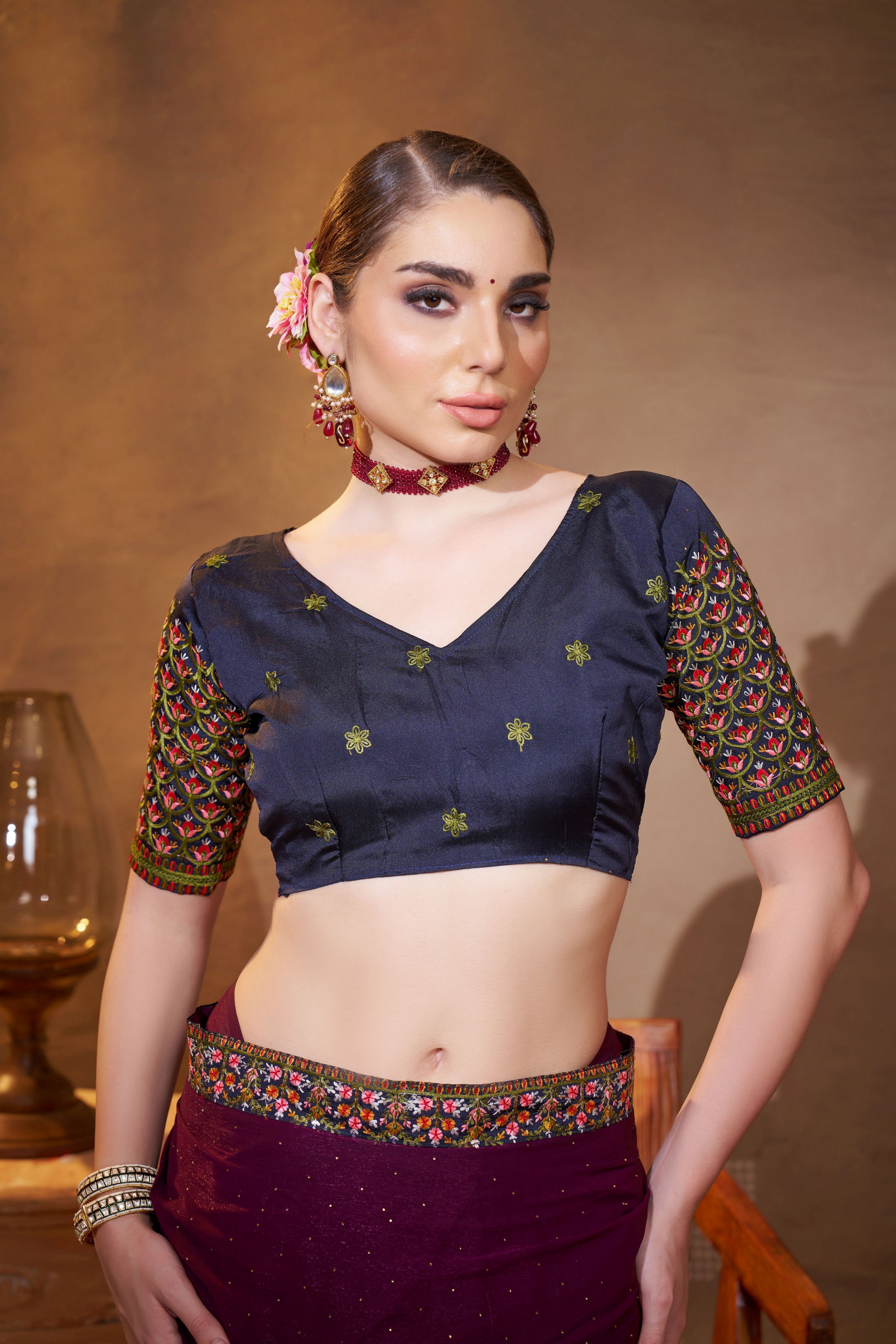 Wine Shimmer Chiffon Designer Embroidery Work Partywear Saree