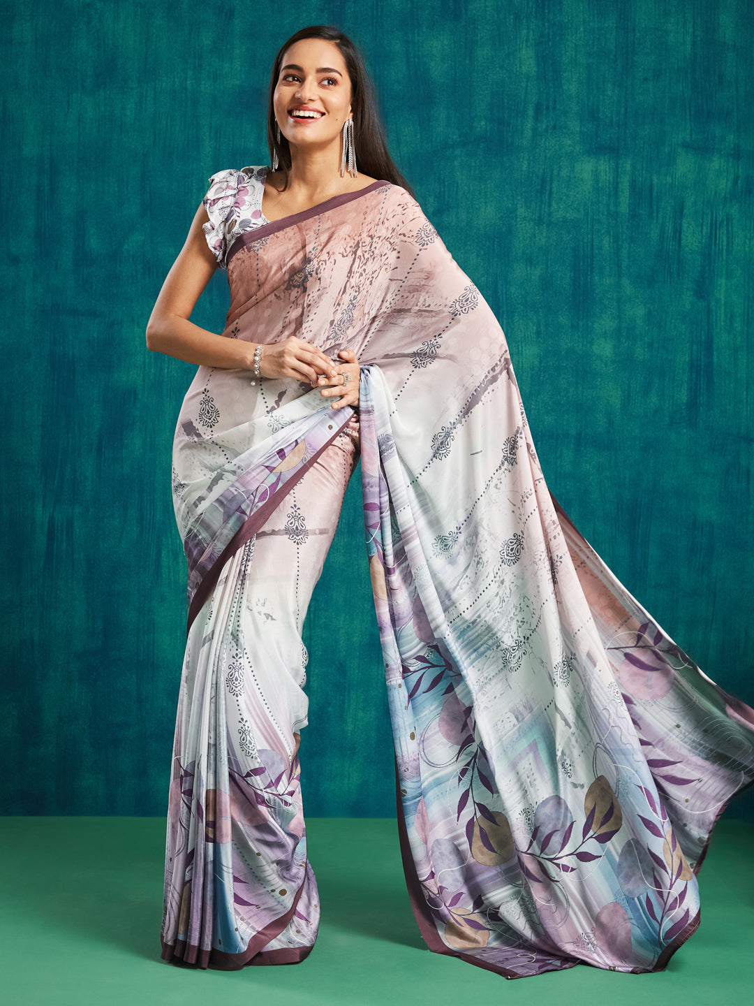 Wine Silk Crepe Designer Digital Printed Ready To Wear Saree