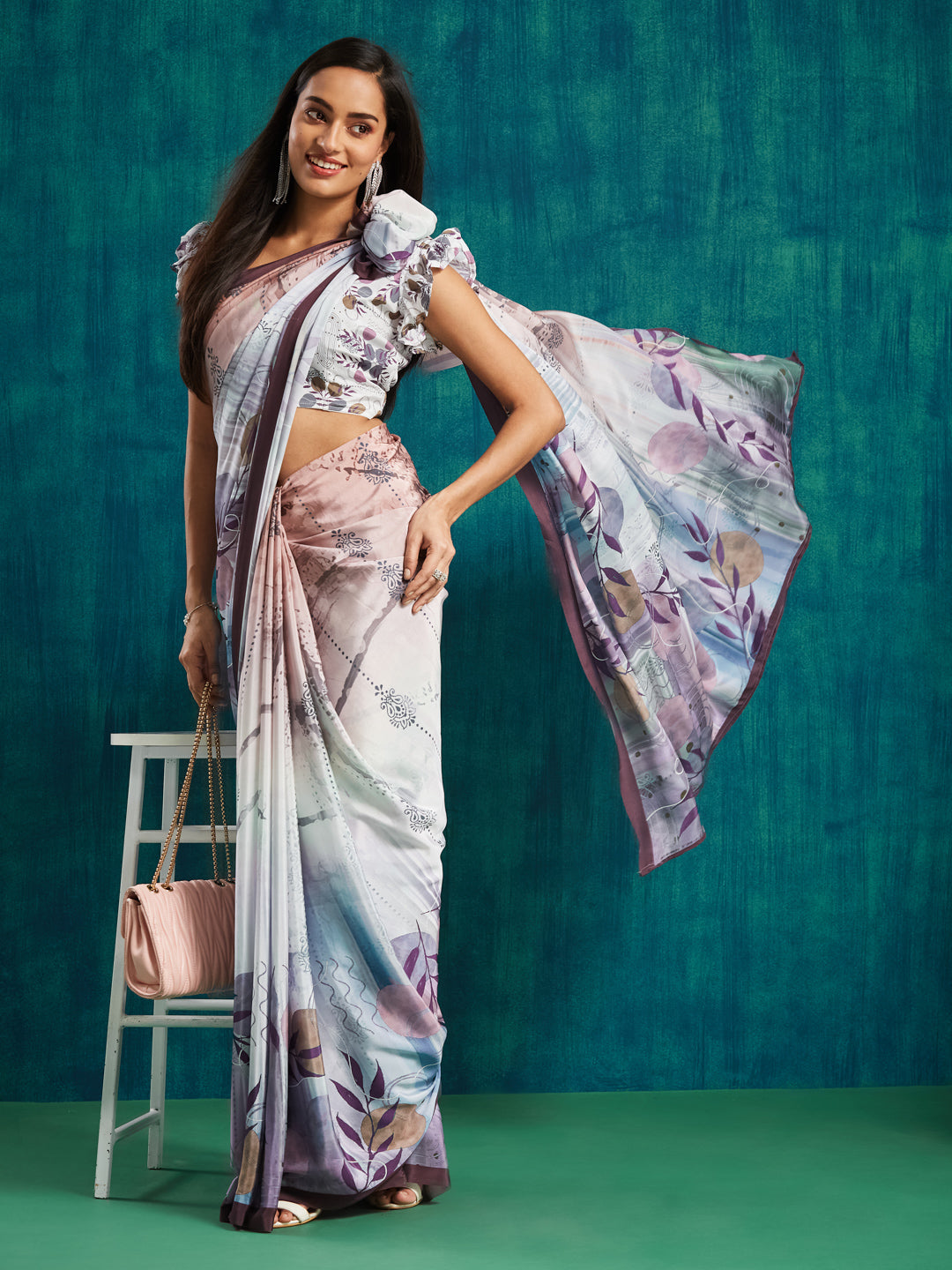 Wine Silk Crepe Designer Digital Printed Ready To Wear Saree