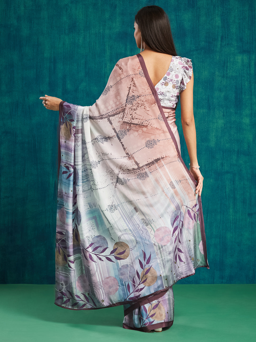 Wine Silk Crepe Designer Digital Printed Ready To Wear Saree