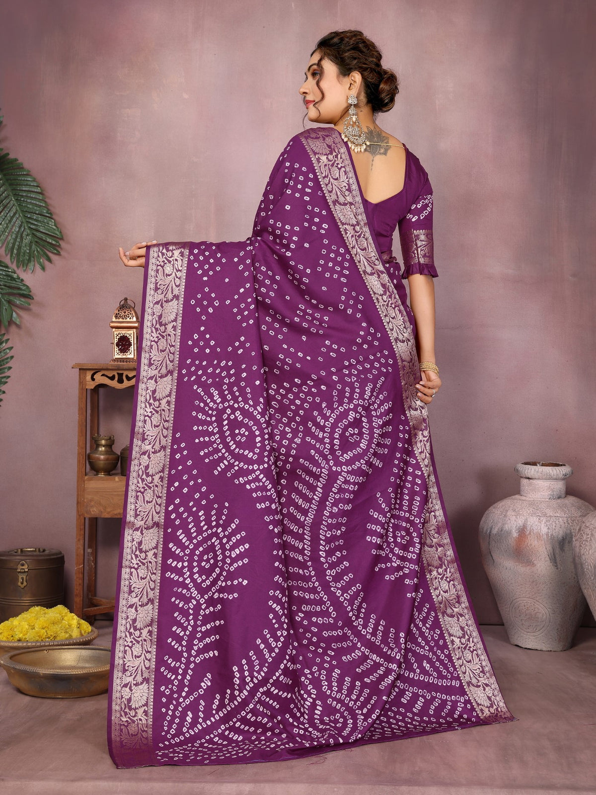 Wine Silk Saree With Bandhej And Designer Zari Weaving