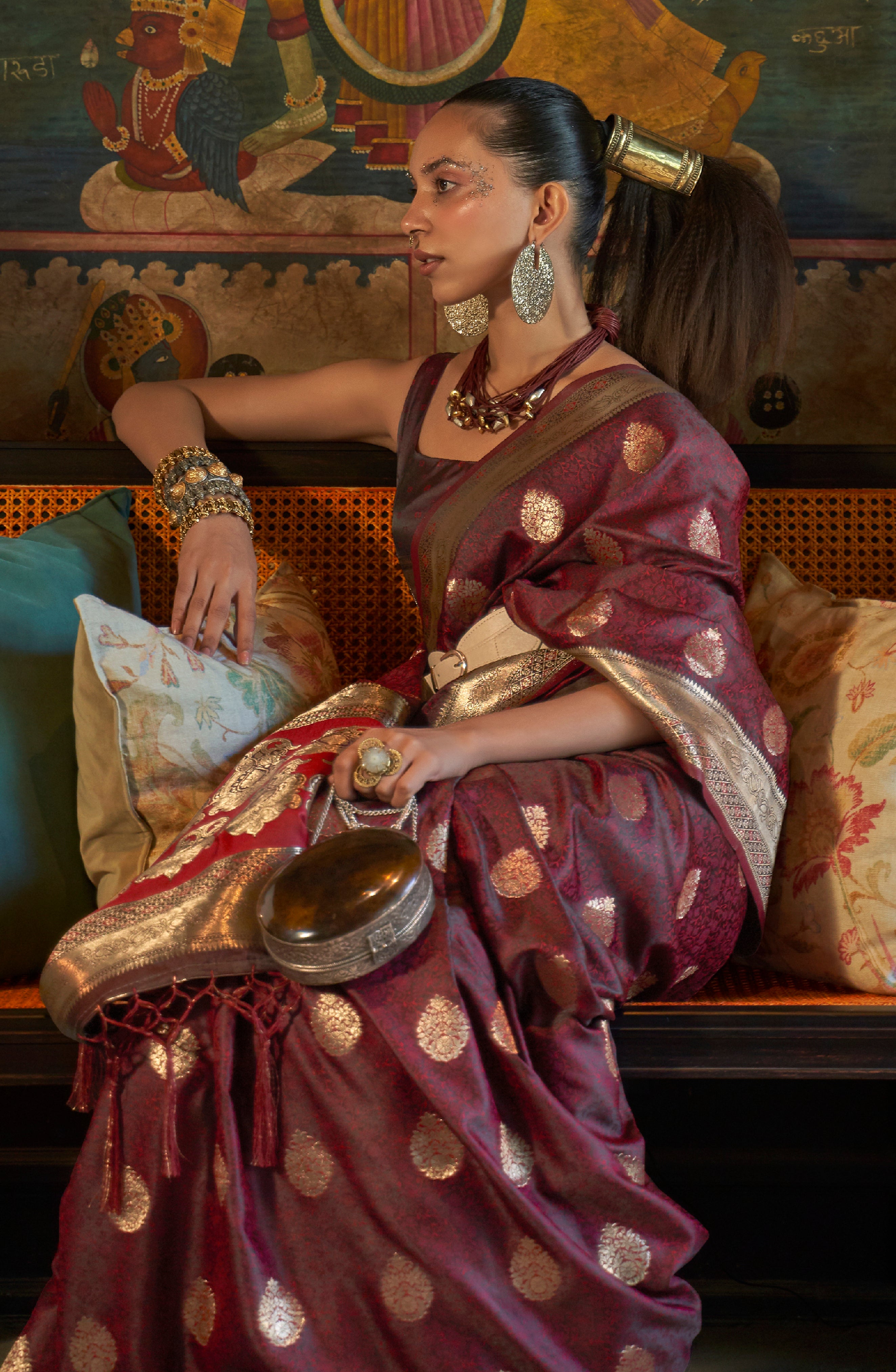 Wine Silk Saree with  Jacquard Woven Work