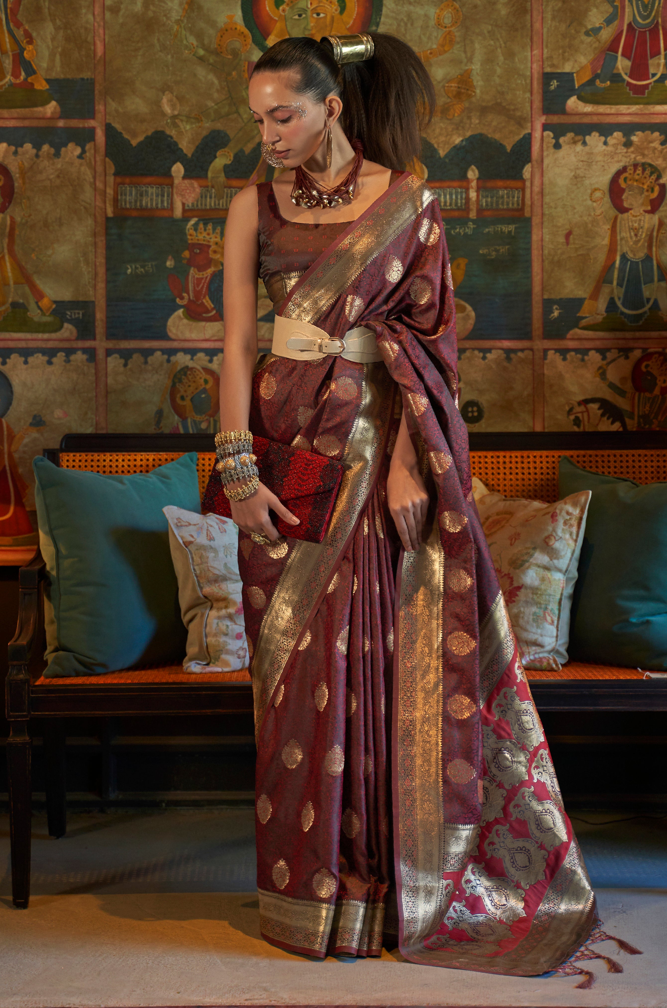 Wine Silk Saree with  Jacquard Woven Work