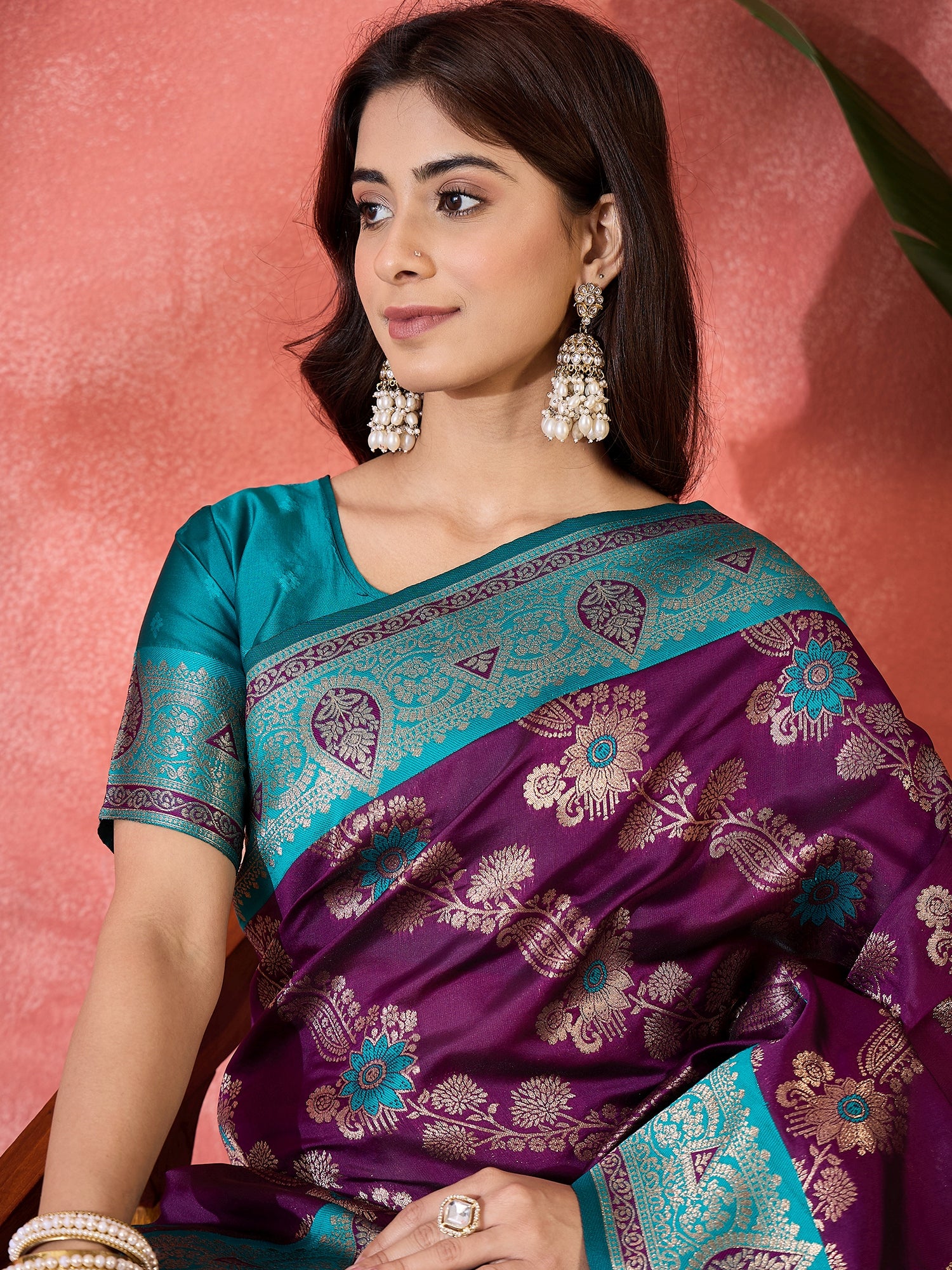 Wine Silk Woven Designer Partywear Ethnic Silk Saree