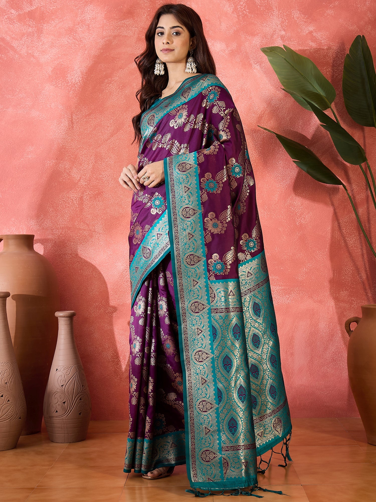 Wine Silk Woven Designer Partywear Ethnic Silk Saree
