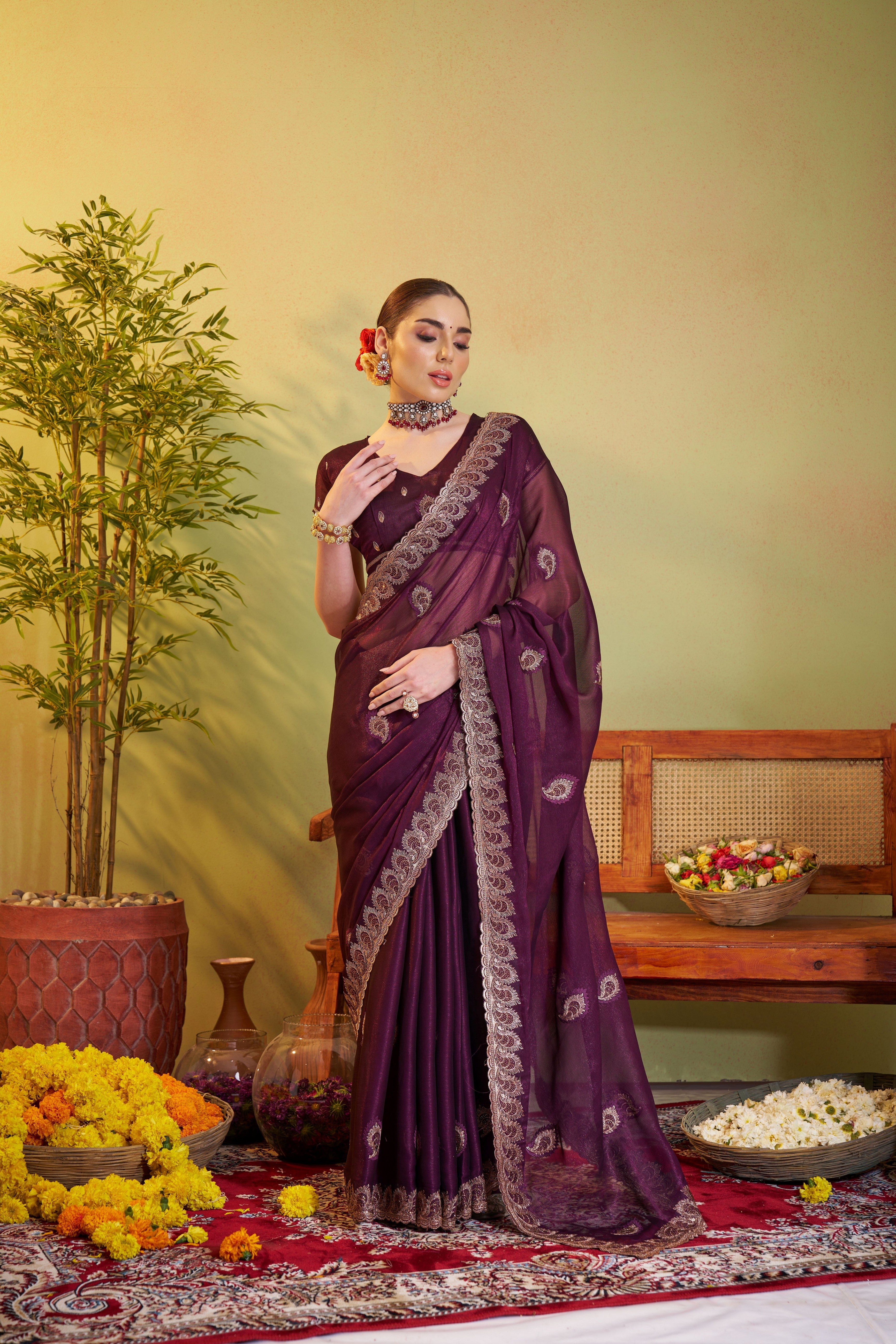Wine Sitara Chiffon Designer Partywear Saree For Rich Indian Looks
