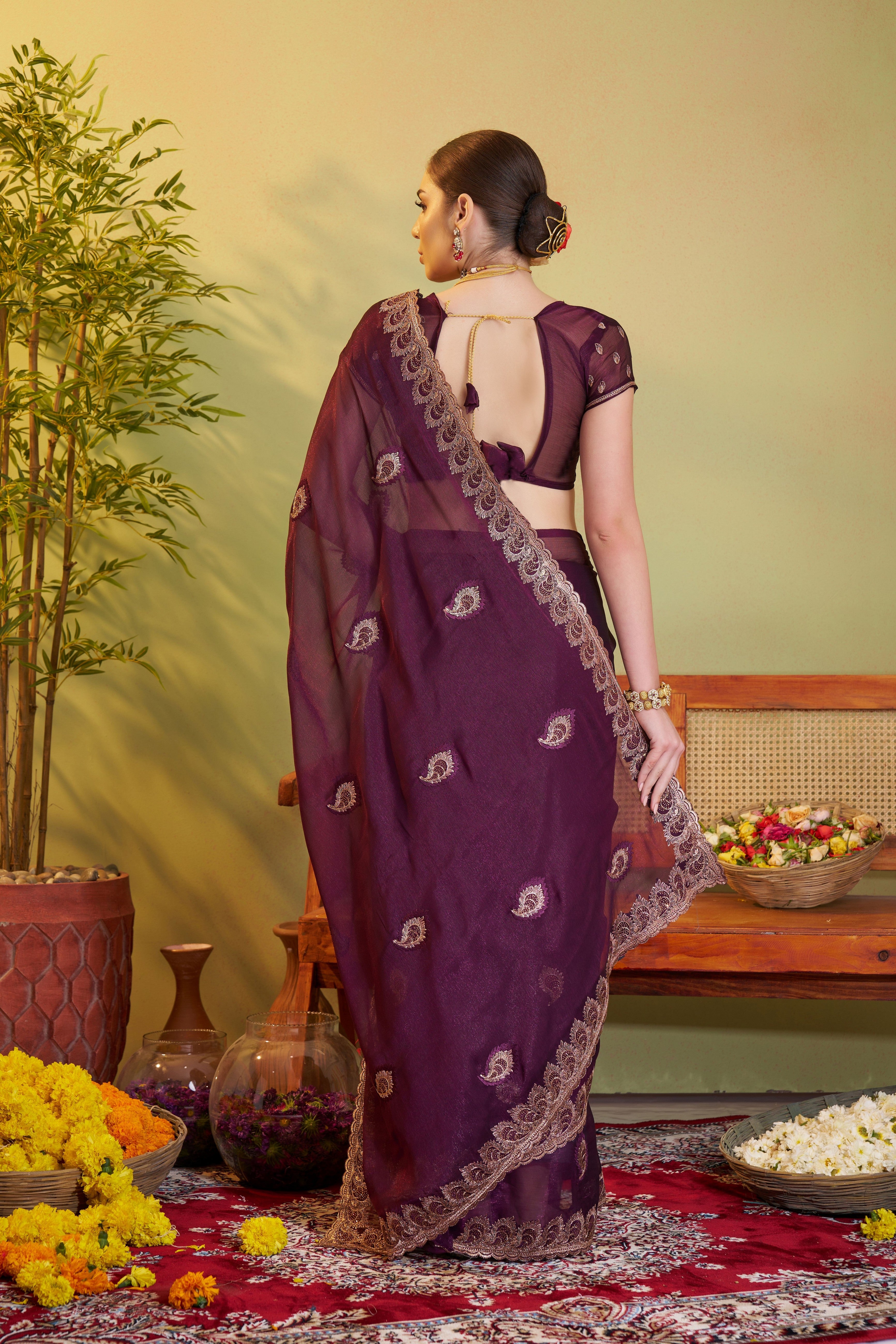 Wine Sitara Chiffon Designer Partywear Saree For Rich Indian Looks