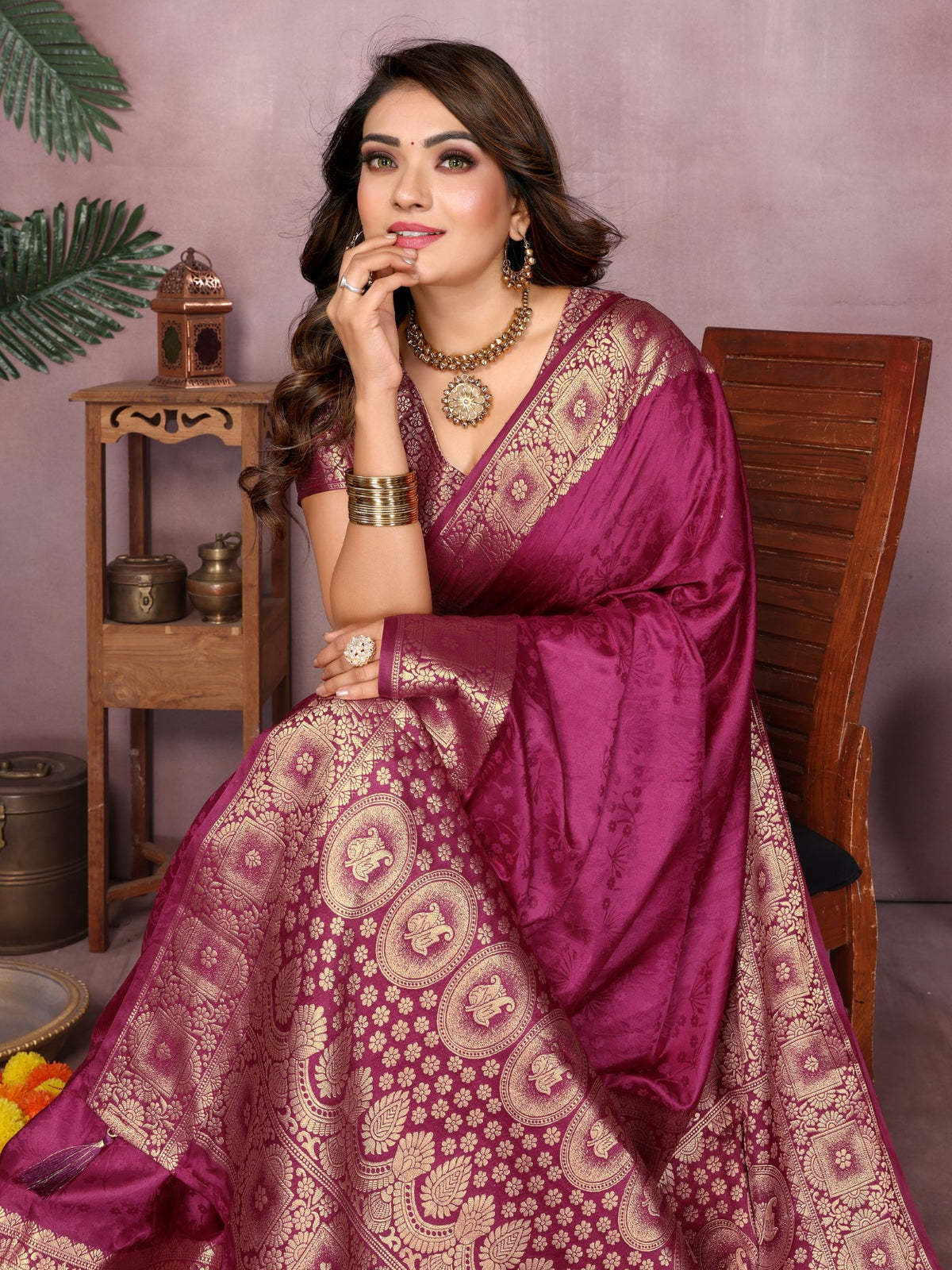 Wine Soft Satin Silk Saree With Designer Zari Weaving