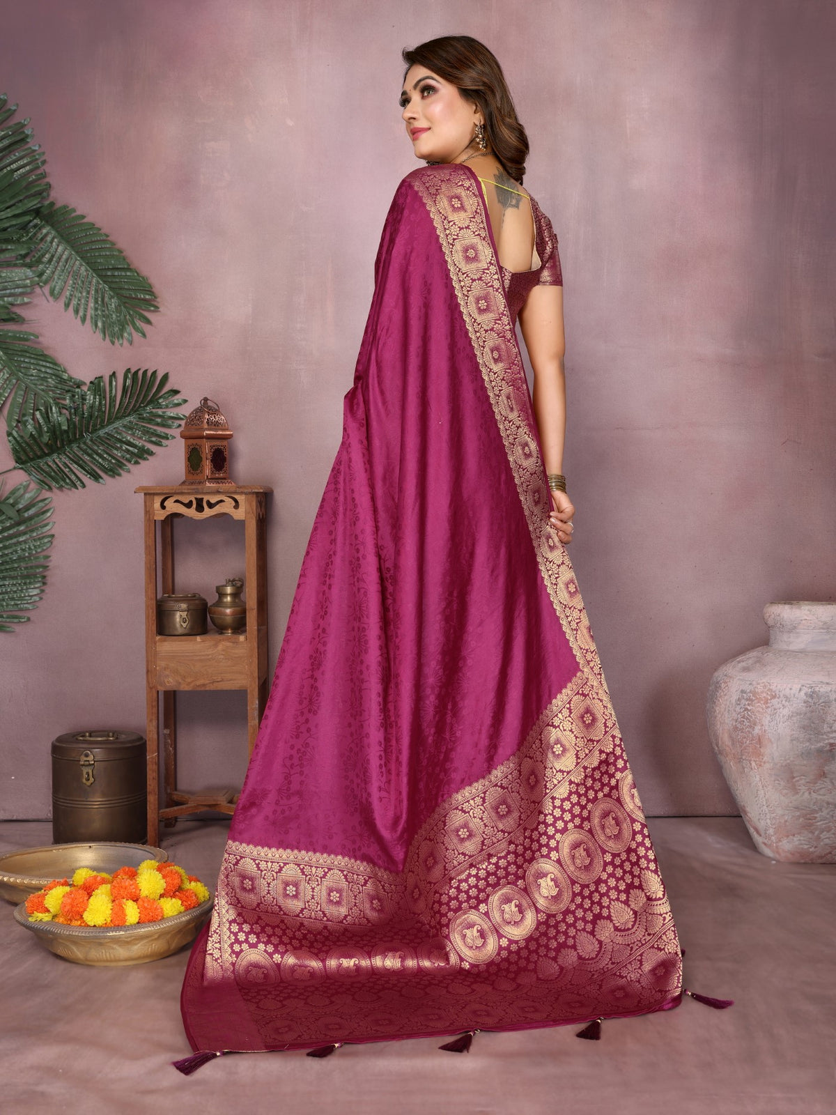 Wine Soft Satin Silk Saree With Designer Zari Weaving
