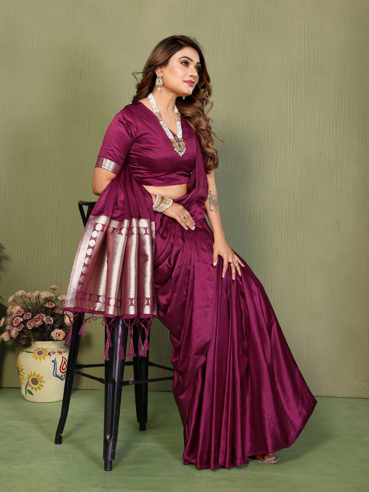 Wine Soft Satin Silk Saree With Traditional Zari Weaving