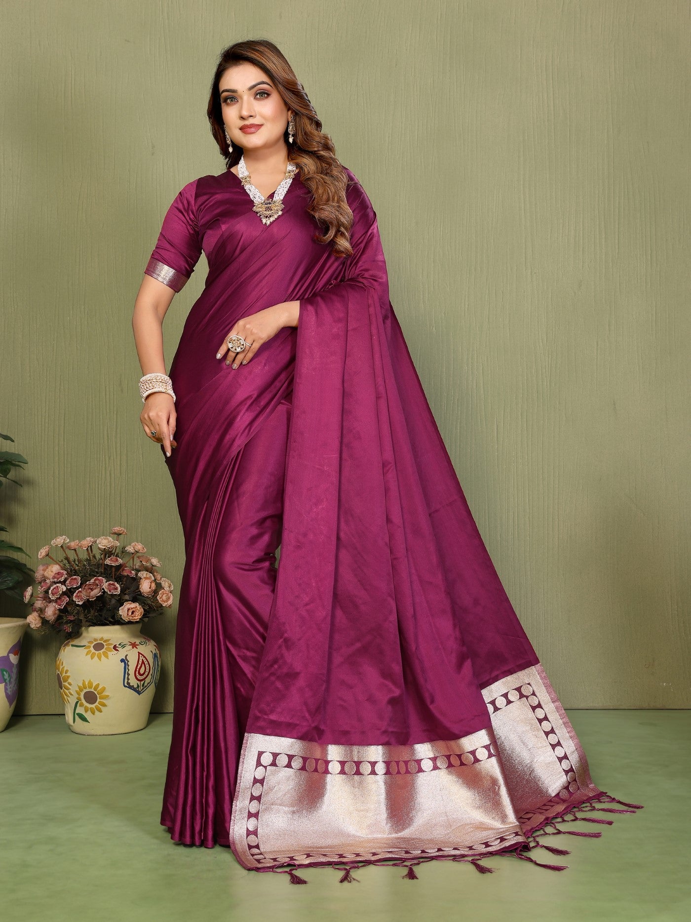 Wine Soft Satin Silk Saree With Traditional Zari Weaving