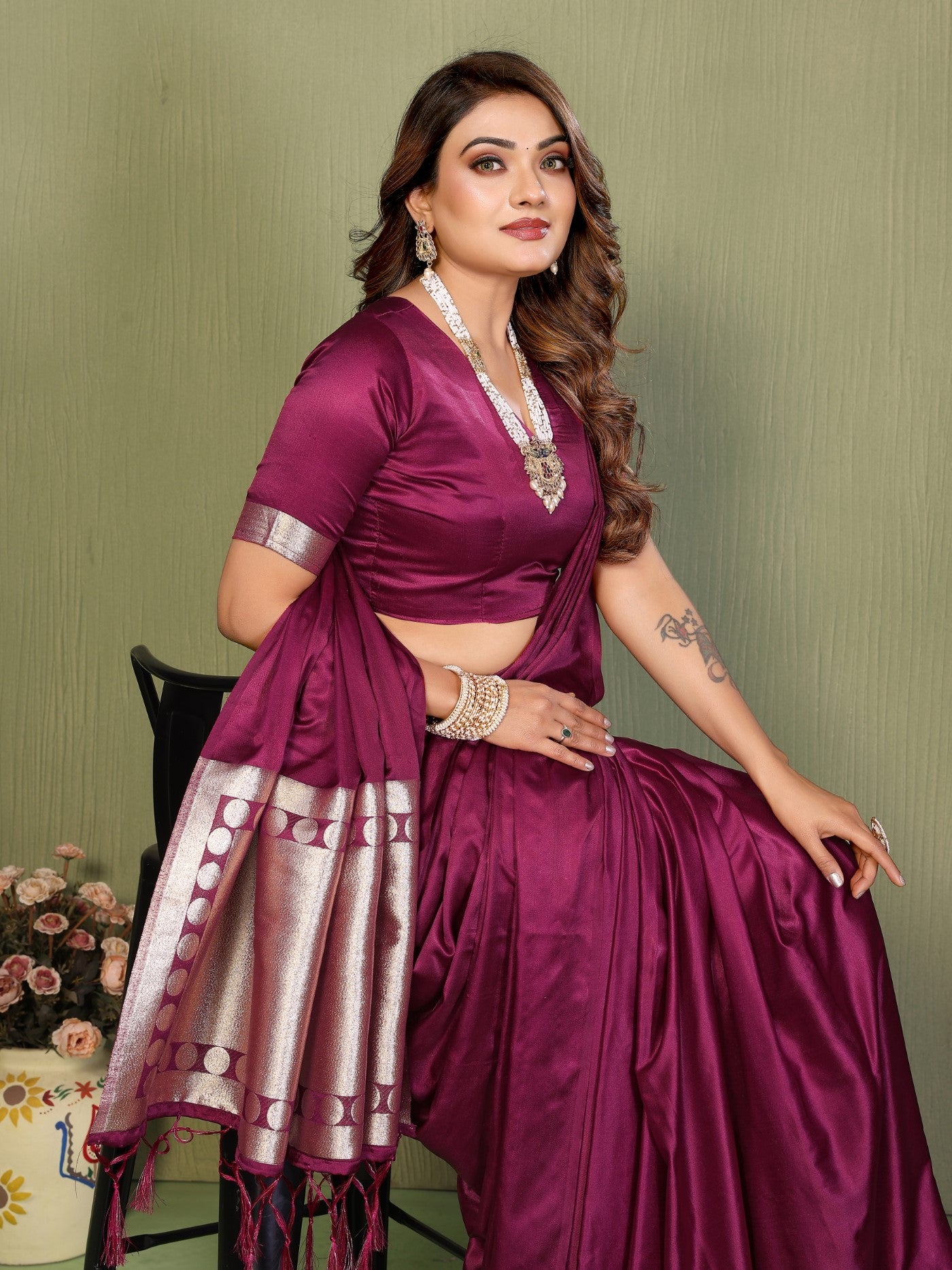 Wine Soft Satin Silk Saree With Traditional Zari Weaving