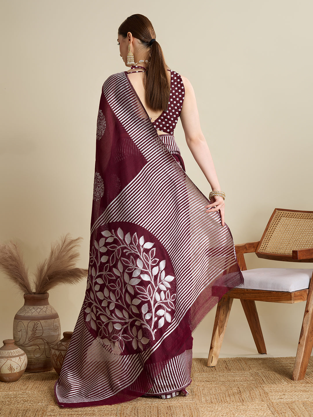 Wine Soft Silk Woven Flower Designer Stylish Partywear Saree