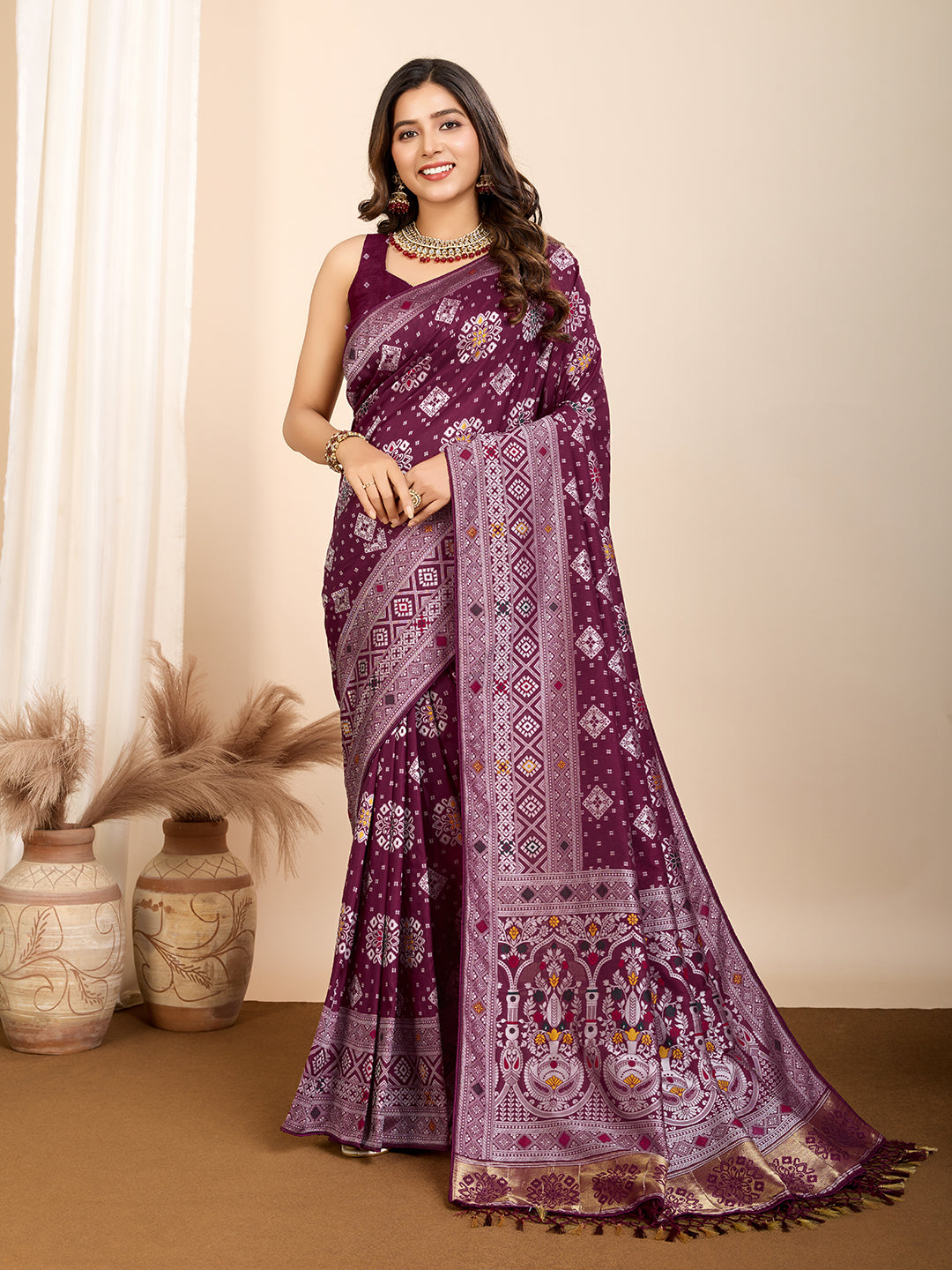 Wine Soft Silk Woven Meenakari Designer Ceremonial Partwear Saree