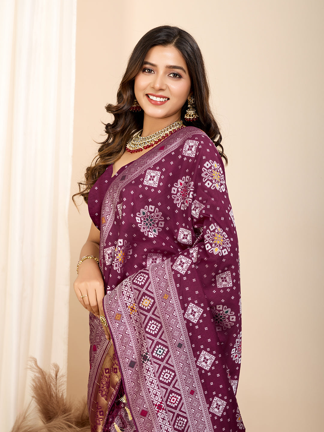 Wine Soft Silk Woven Meenakari Designer Ceremonial Partwear Saree