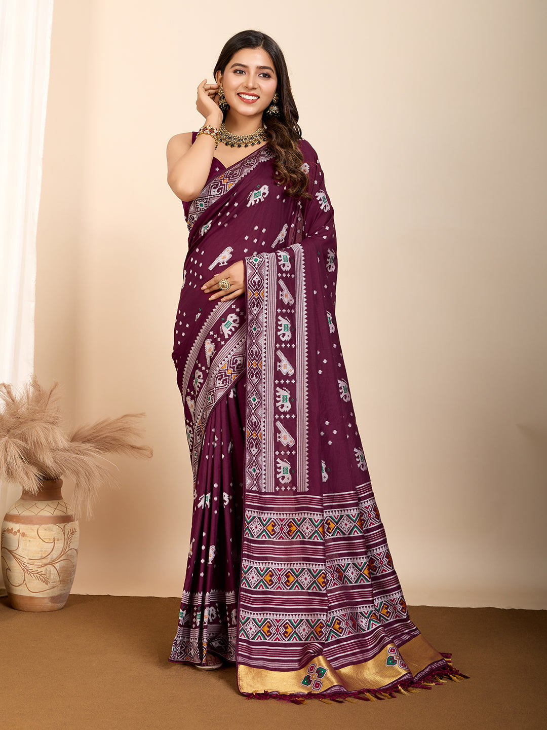 Wine Soft Silk Woven Meenakari Designer Ceremonial Saree