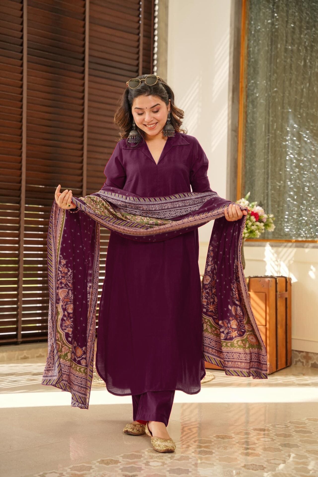 Wine South Cotton Plain Kurta Pant With Printed Dupatta