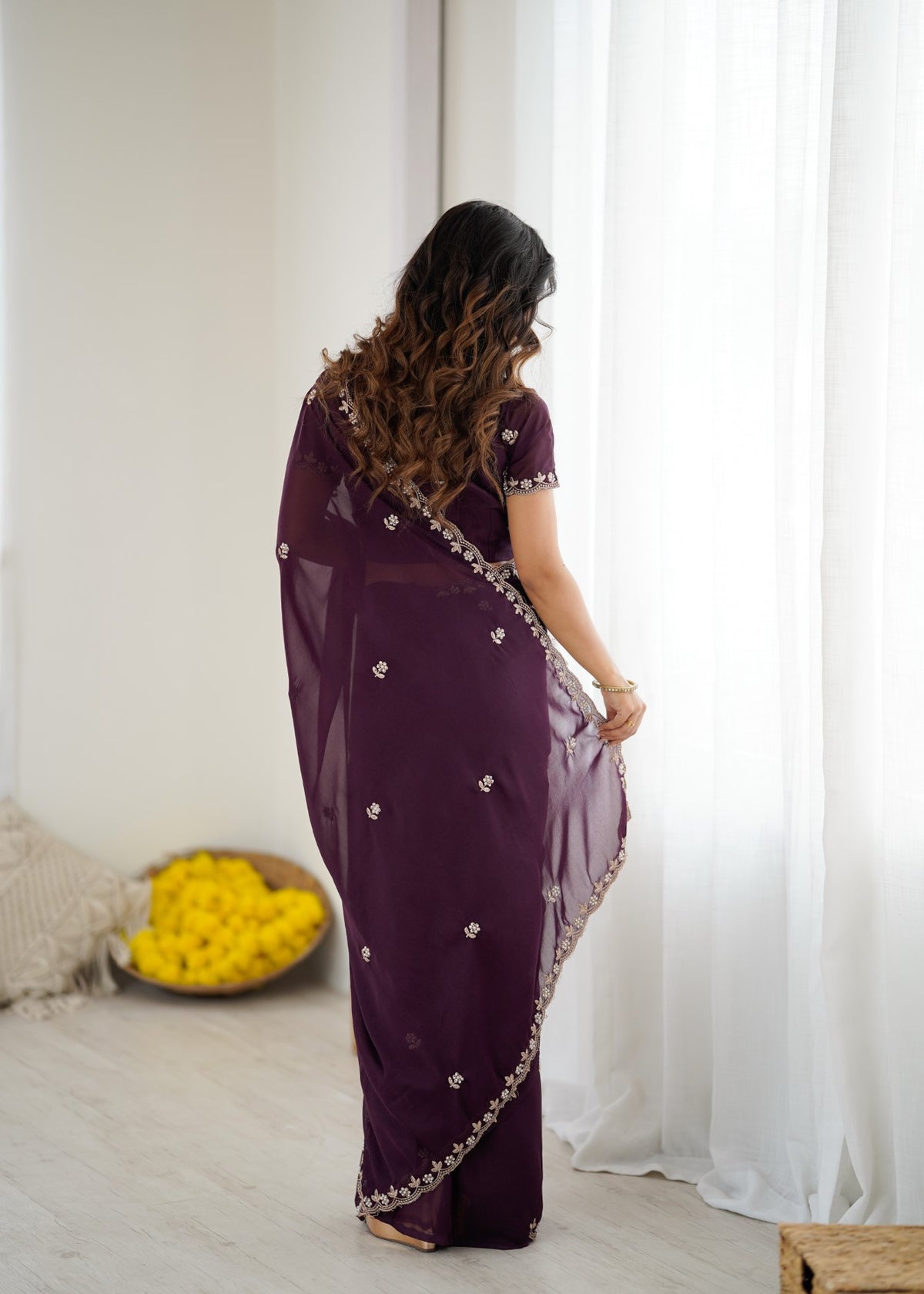 Wine Star Georgette Saree With Embroidery And Moti Work With Blouse