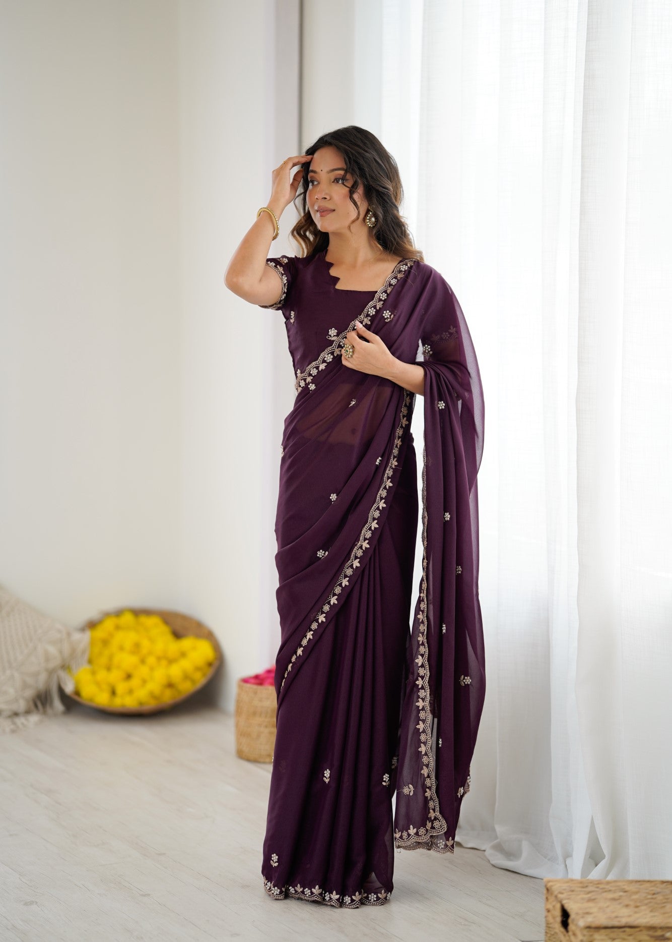 Wine Star Georgette Saree With Embroidery And Moti Work With Blouse