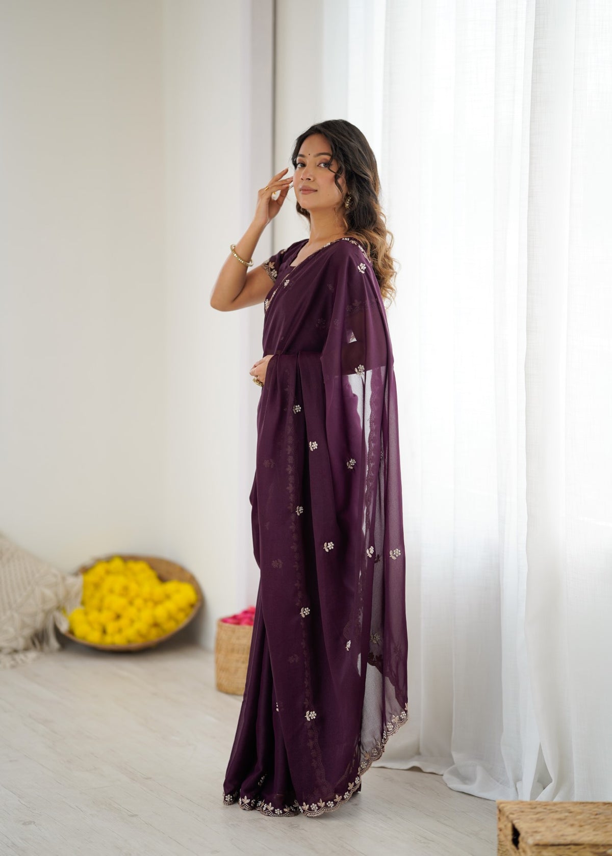 Wine Star Georgette Saree With Embroidery And Moti Work With Blouse