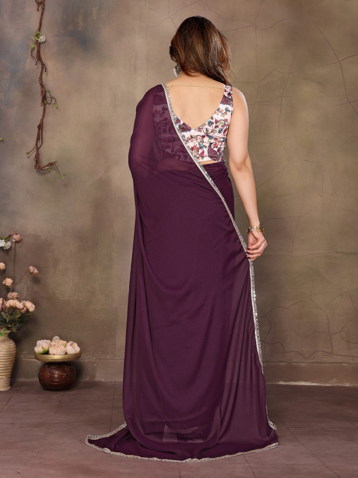 Wine Star Georgette Saree With Mirror Border Design