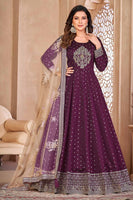 Wine Taffeta Butti Heavy Thread Embroidery Sequins Work  Anarkali Suits