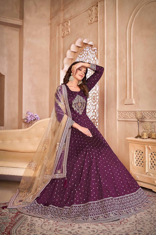 Wine Taffeta Butti Heavy Thread Embroidery Sequins Work  Anarkali Suits