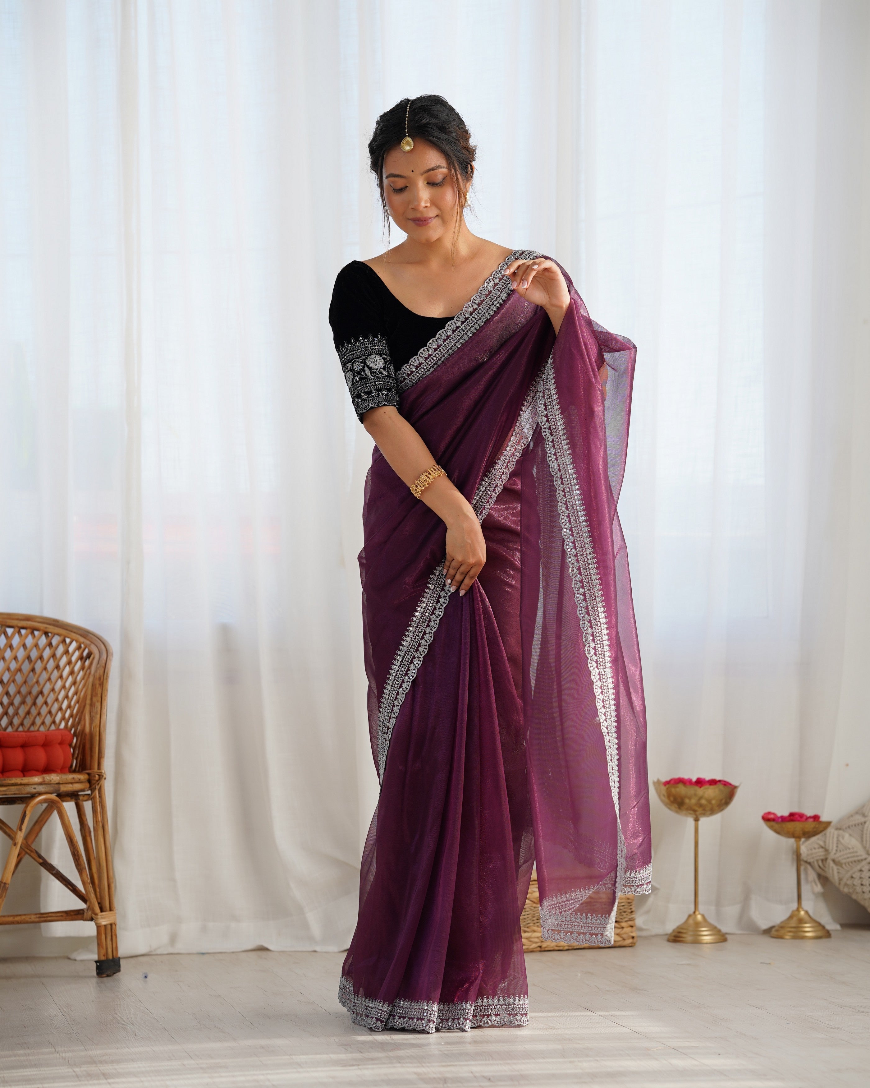 Wine Twill Net Glamorous Bollywood Style Sequins Work Saree