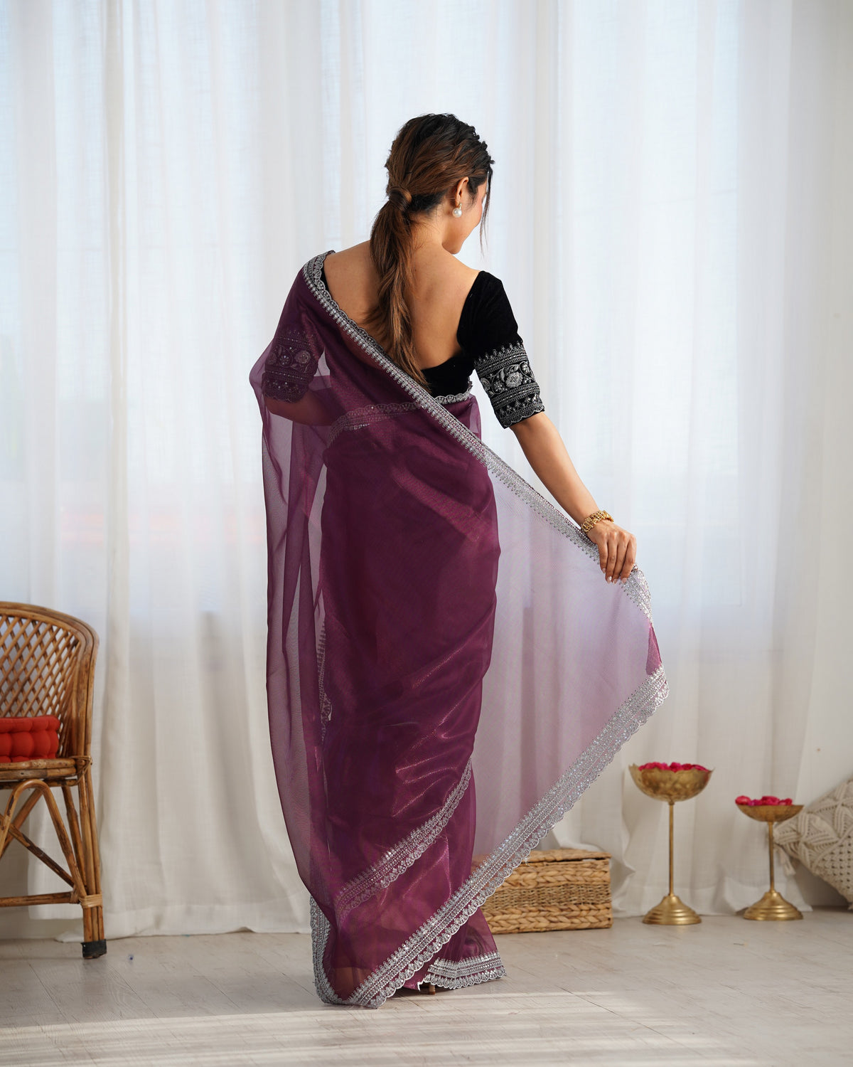 Wine Twill Net Glamorous Bollywood Style Sequins Work Saree