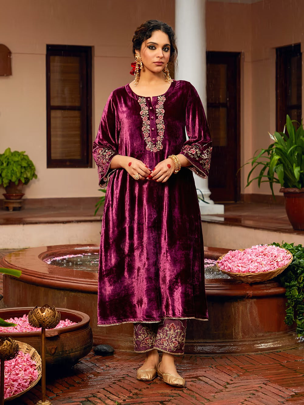 Wine Velvet Kurta Pant Set With Heavy Thread Embroidery Work