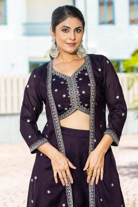 Wine Vichirta Silk Crop Top With  Thread Embroidery Work