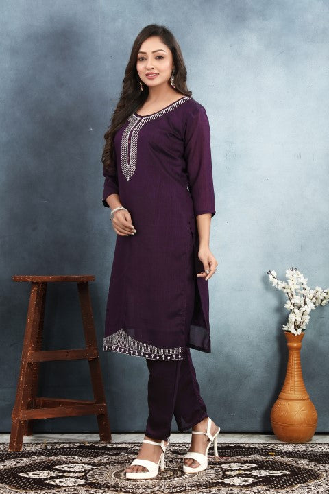 Wine Vichirta Silk Kurta Pant With Thread Embroidery Sequins Work