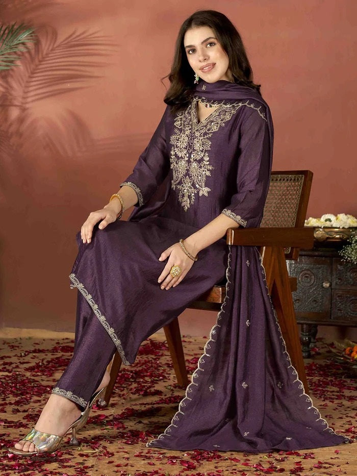 Wine Vichitra Kurta Pant Set With Heavy Thread Embroidery Work