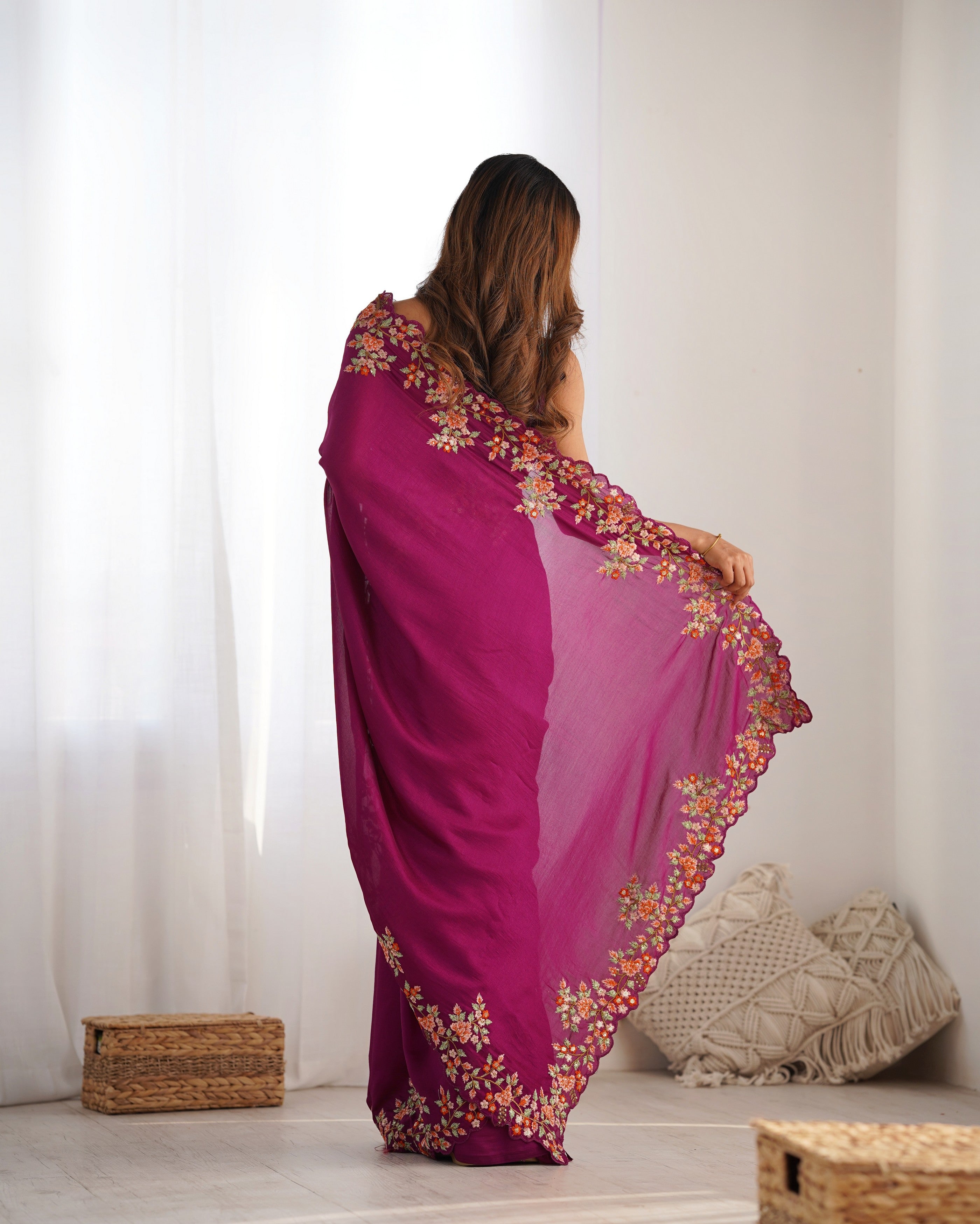 Wine Vichitra Silk Designer Embrodery Work Ethnic Saree