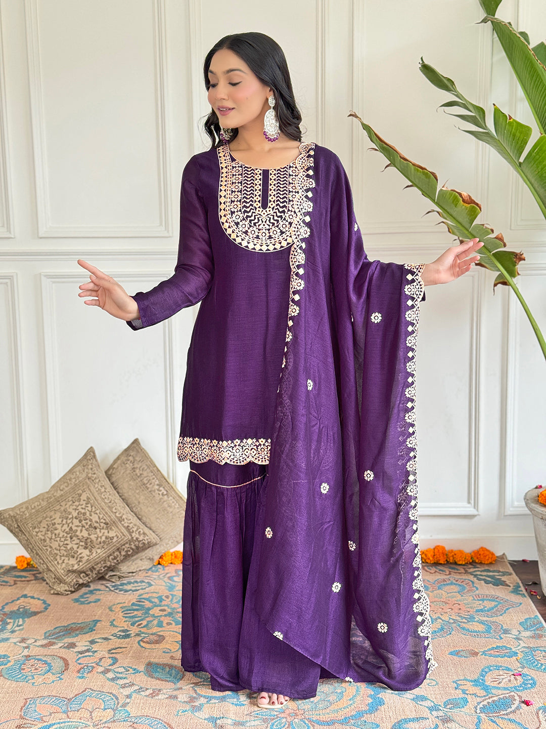 Wine Vichitra Silk Elegant Kurta Pant Set With Embroidery Work