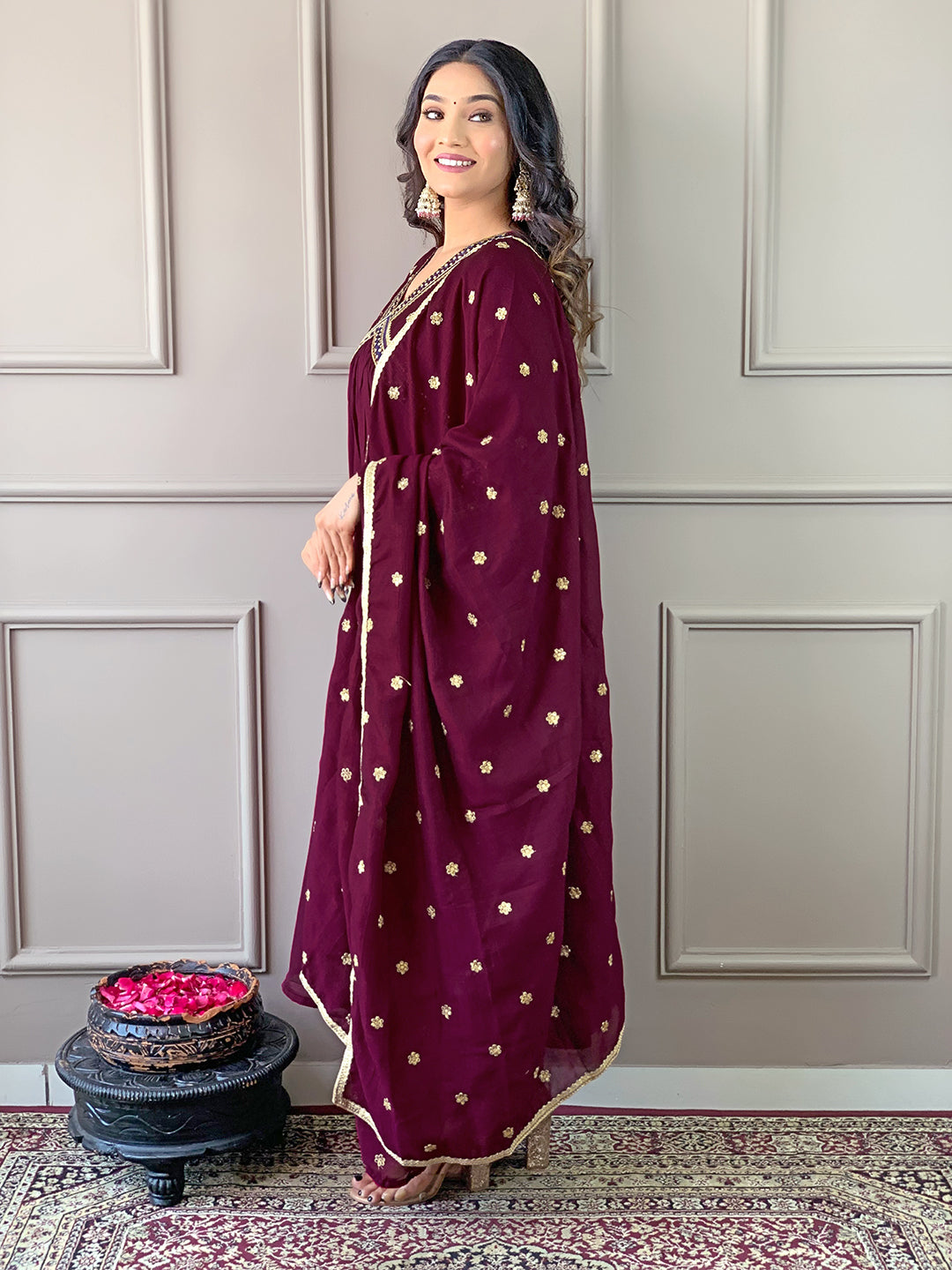 Wine Vichitra Silk Elegant Kurta Pant Set With Embroidery Work