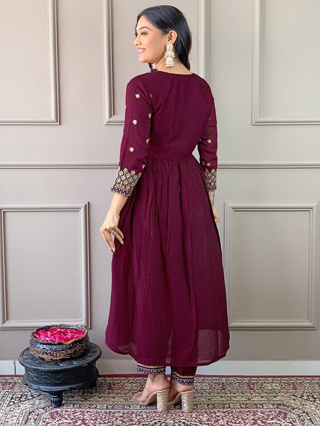 Wine Vichitra Silk Elegant Kurta Pant Set With Embroidery Work