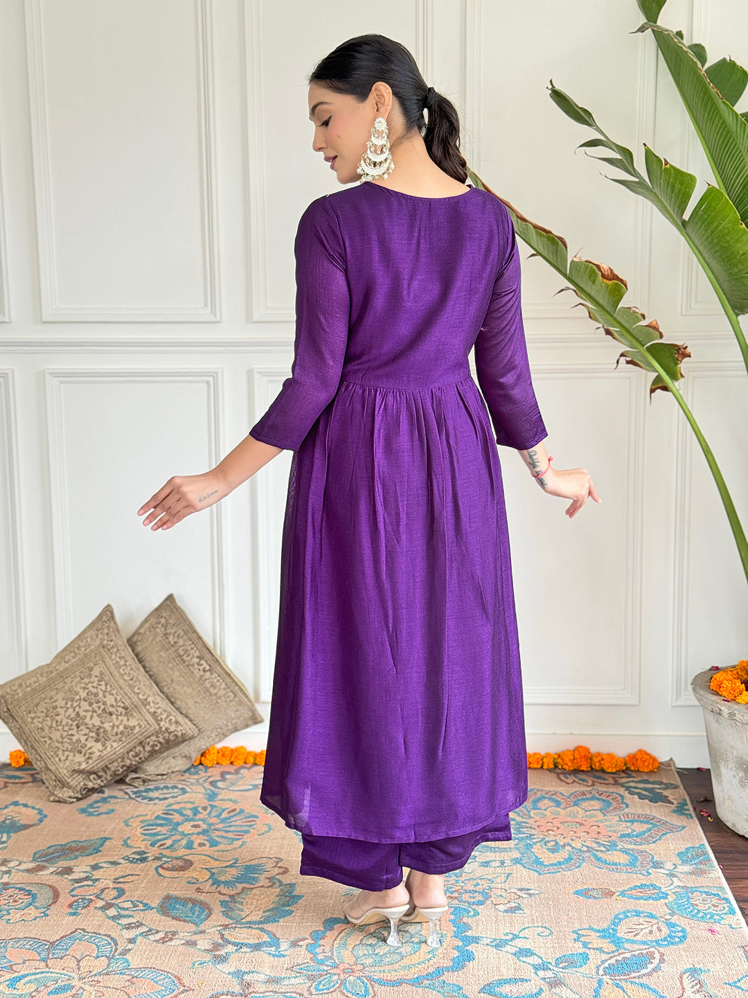 Wine Vichitra Silk Elegant Kurta Pant Set With Embroidery Work