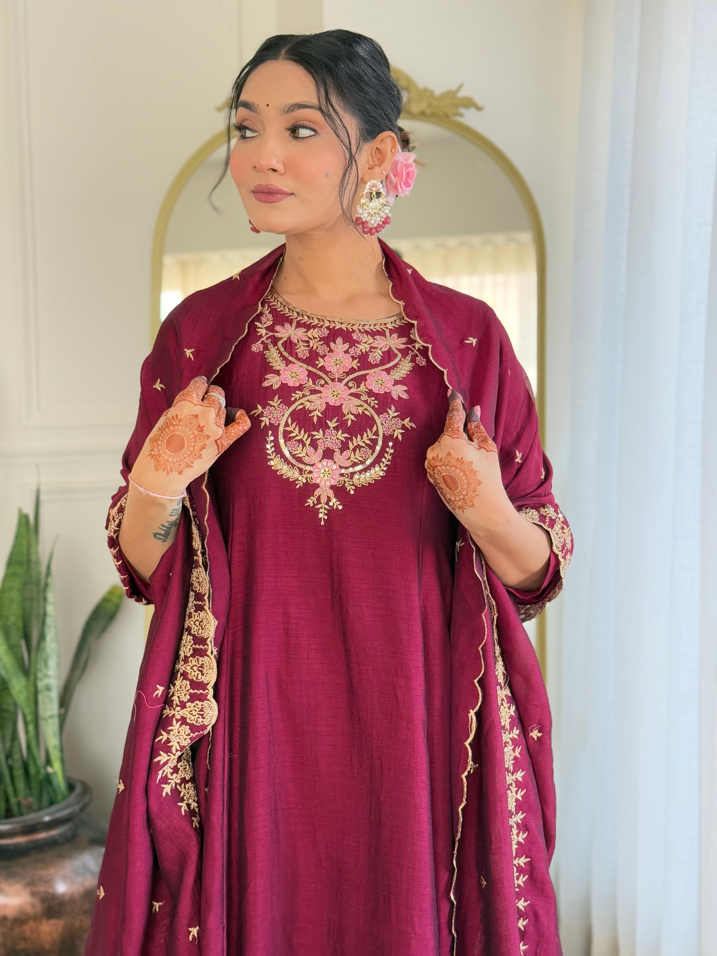 Wine Vichitra Silk Elegant Kurta Pant Set With Embroidery Work